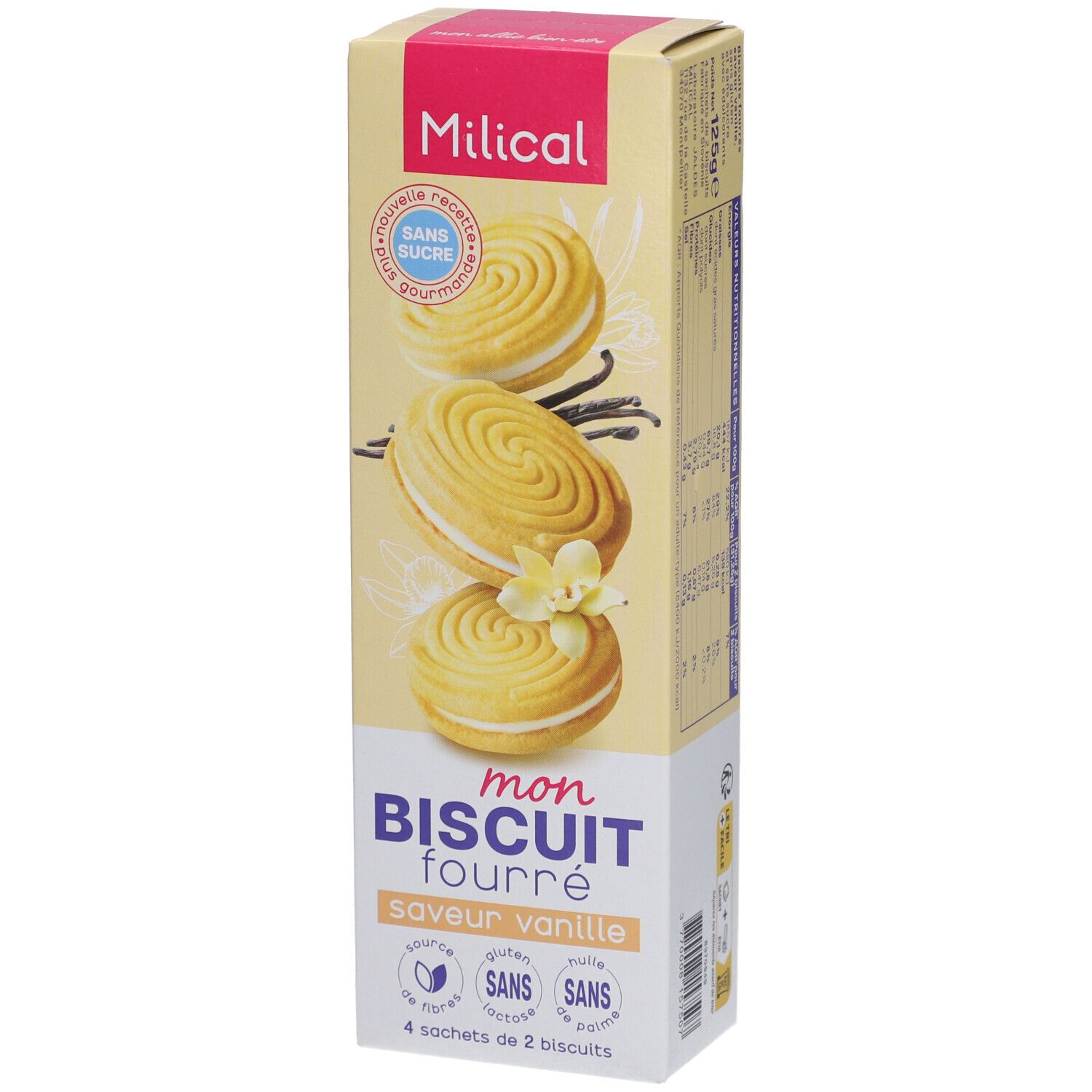 Hohe Kekspackung. Aufschrift: Milical, Mon Biscuit Fourré, Vanille. 4 Beutel à 2 Kekse. Ohne Zucker, Gluten, Laktose, Palmöl. Gelb und rosa.