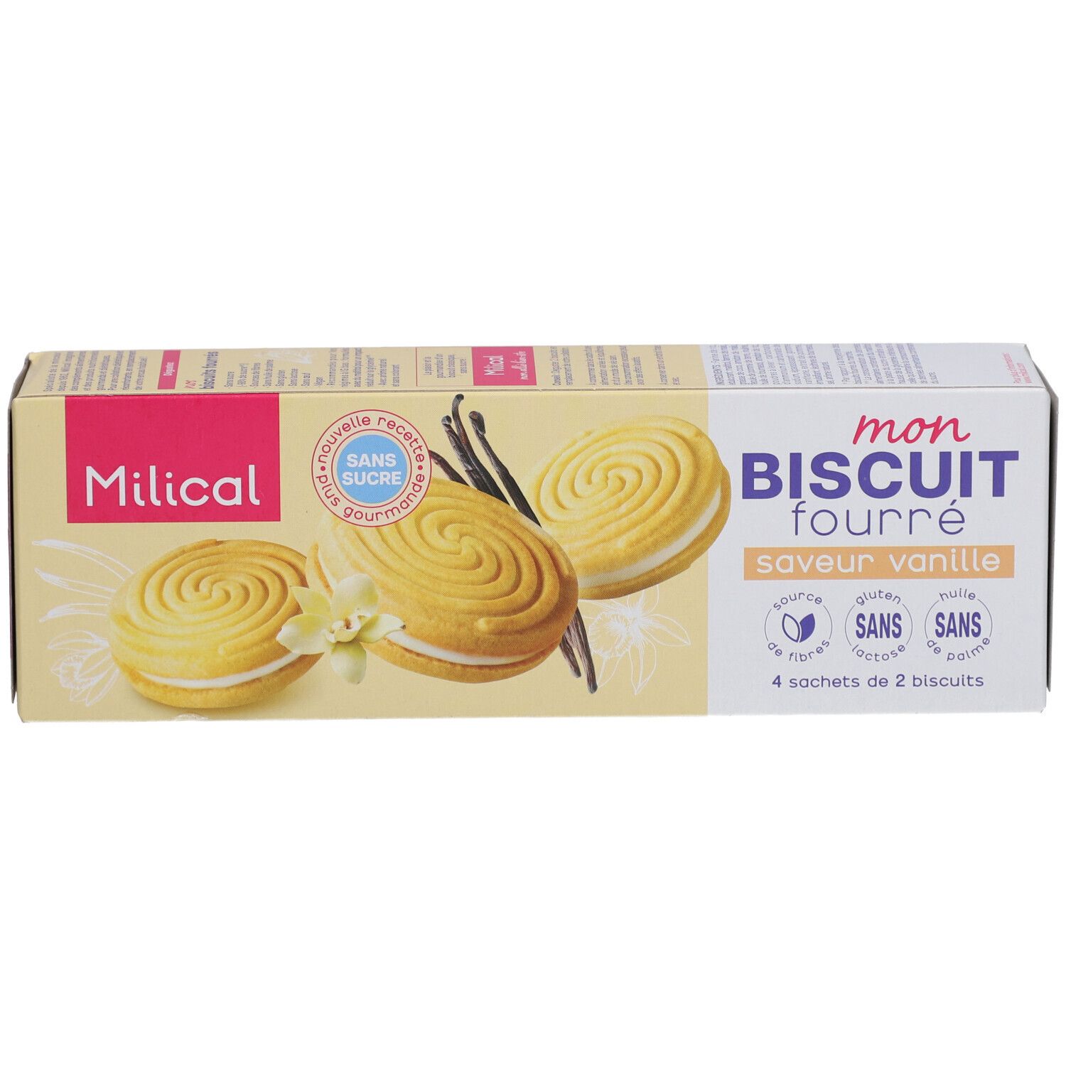 Kekspackung. Aufschrift: Milical, Mon Biscuit Fourré, Vanille. 4 Beutel à 2 Kekse. Ohne Zucker, Gluten, Laktose, Palmöl. Gelb und rosa.