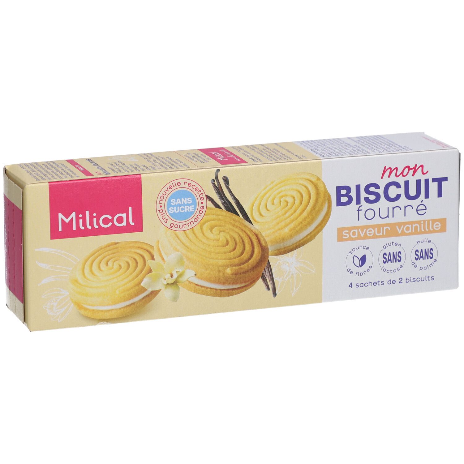 Kekspackung. Aufschrift: Milical, Mon Biscuit Fourré, Vanille. 4 Beutel à 2 Kekse. Ohne Zucker, Gluten, Laktose, Palmöl. Gelb und rosa.