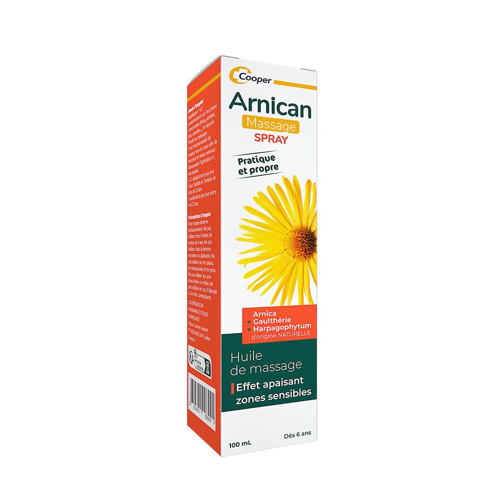 Boîte de spray Arnican. Boîte blanche et orange avec informations produit et fleur jaune. Texte : Massage Spray.