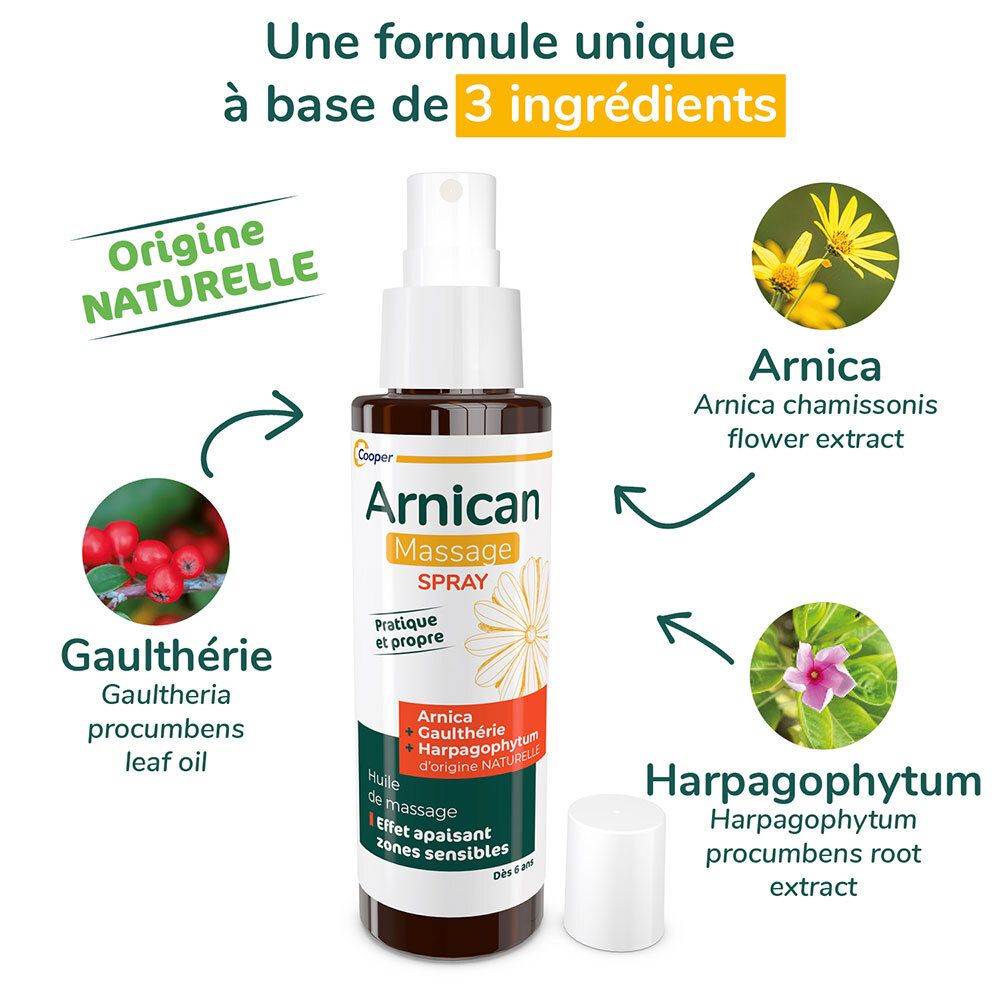 Flacon de spray Arnican avec illustrations des ingrédients. Texte : Origine naturelle, 3 ingrédients, Arnica, Gaulthérie, Harpagophytum.