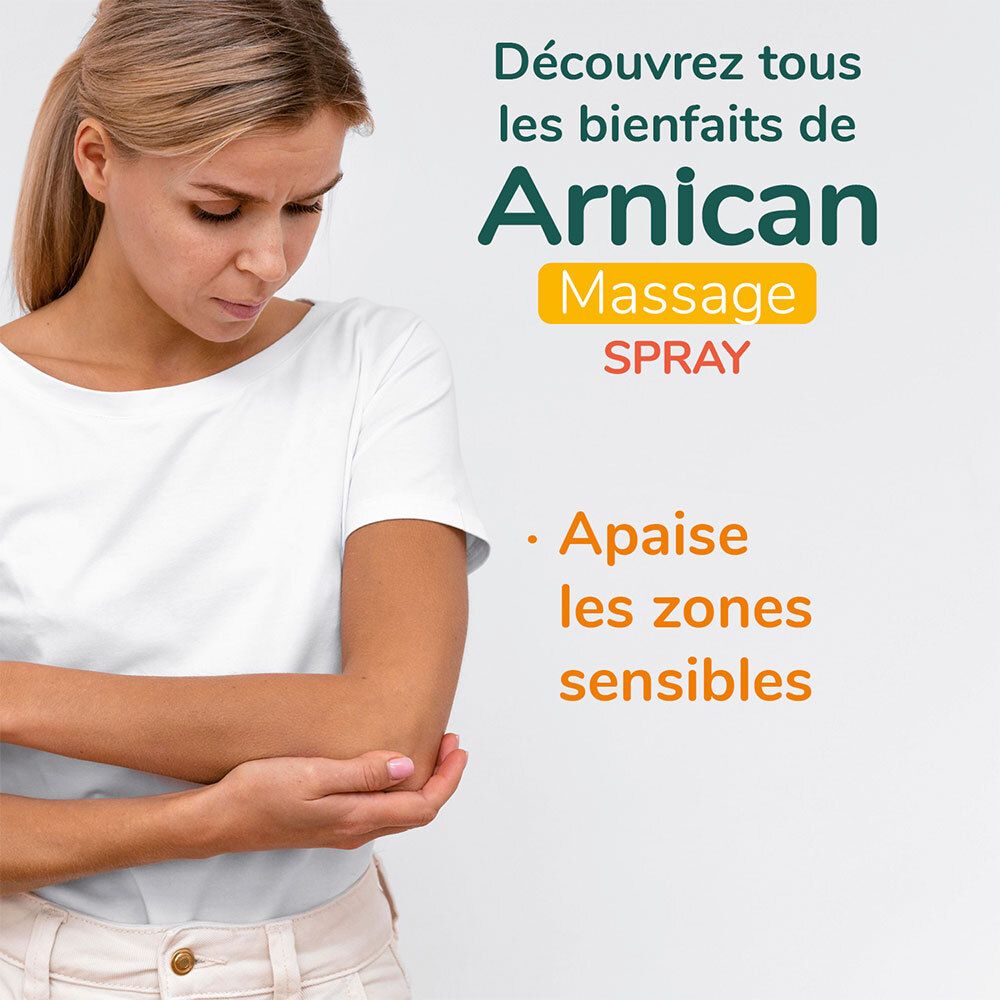 Femme avec un bras traité avec le spray Arnican. Texte : Découvrez les bienfaits du spray Arnican. Apaise les zones sensibles.