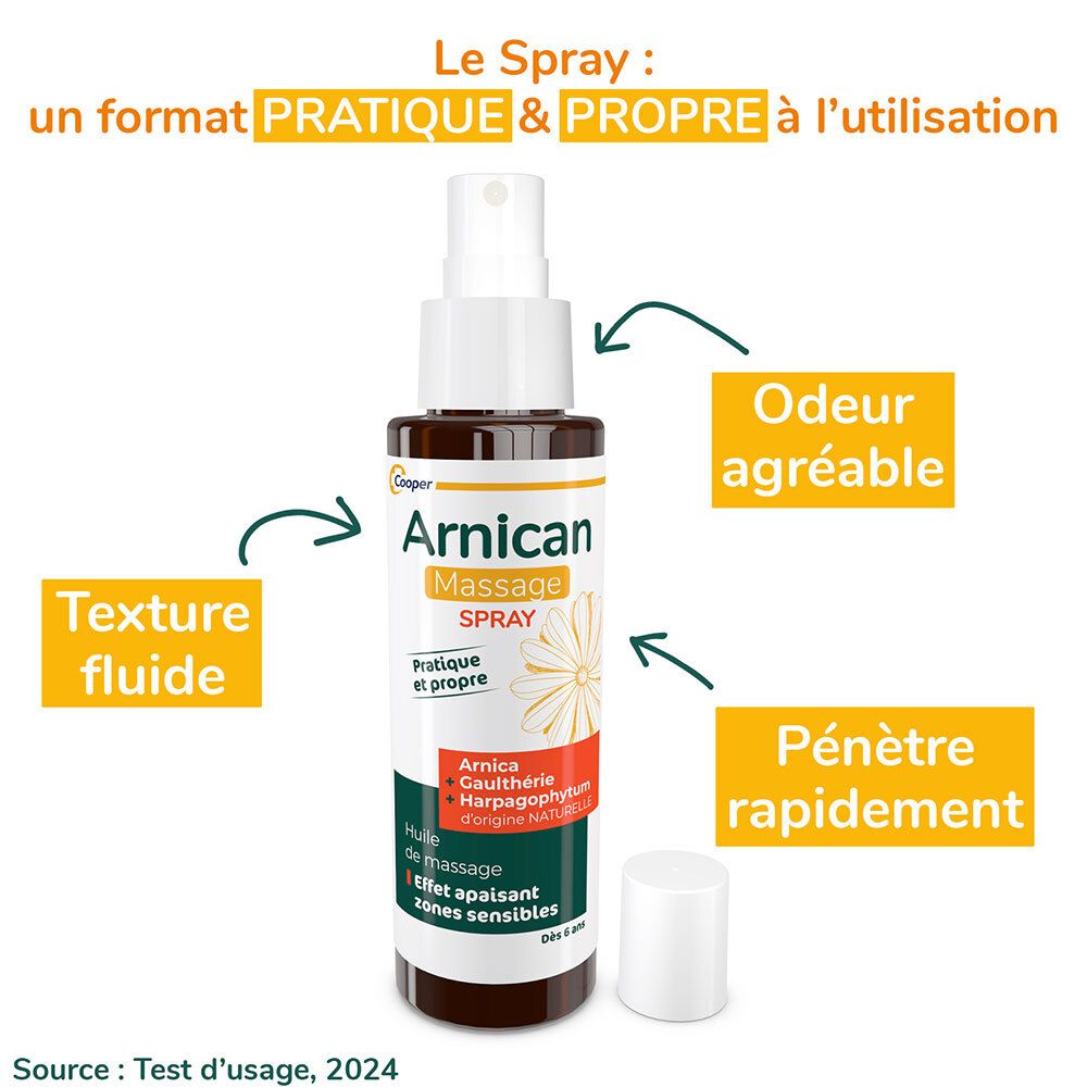 Flacon de spray Arnican avec flèches soulignant les propriétés. Texte : Pratique & propre, texture fluide, odeur agréable.
