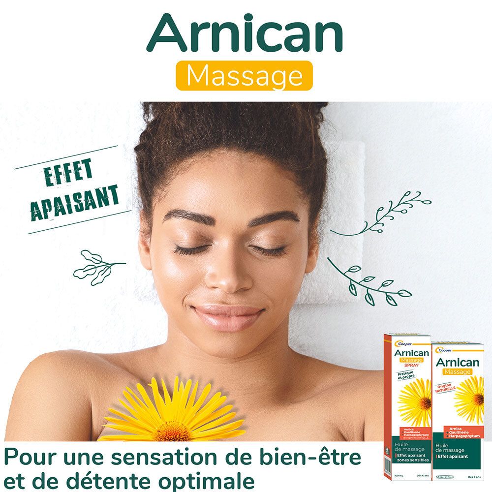 Femme au visage détendu, spray Arnican et fleur jaune. Texte : Pour une sensation de bien-être et de détente optimale.