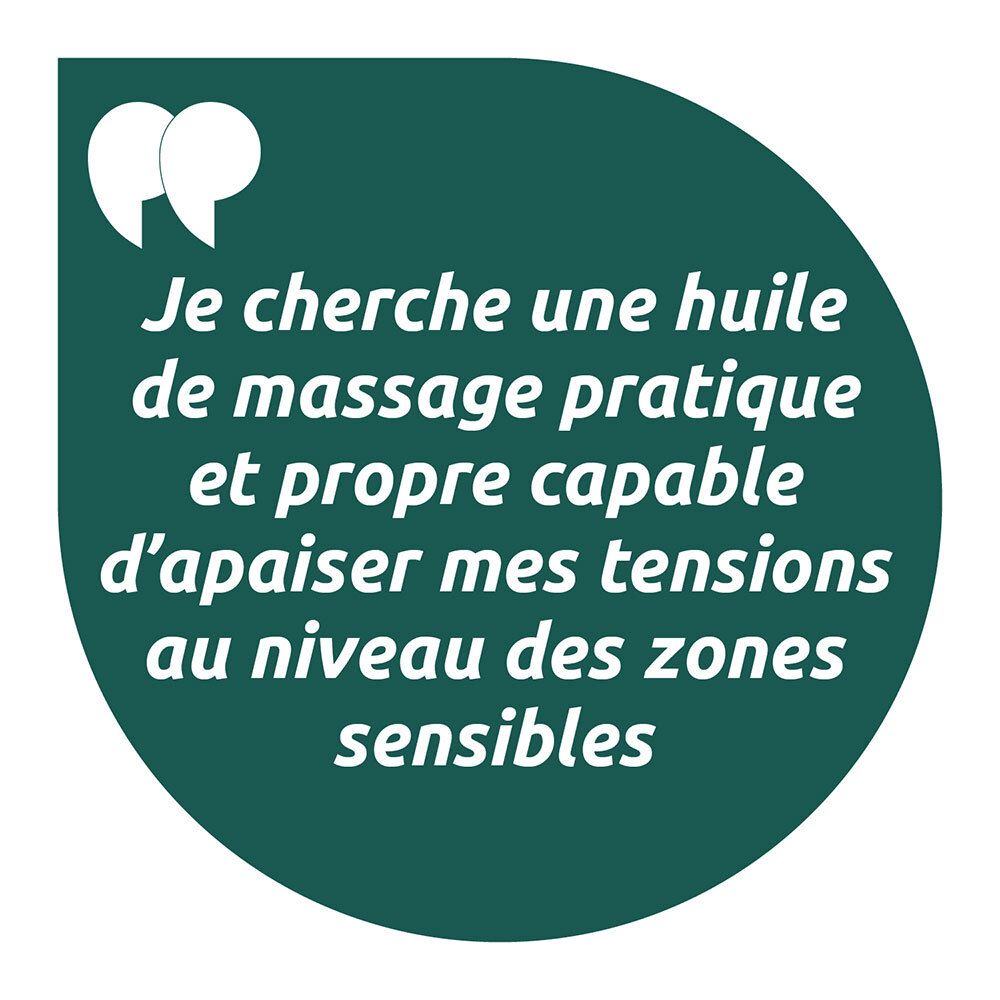 Bulle de citation avec texte. Texte : Je cherche une huile de massage pratique et propre capable d'apaiser mes tensions.