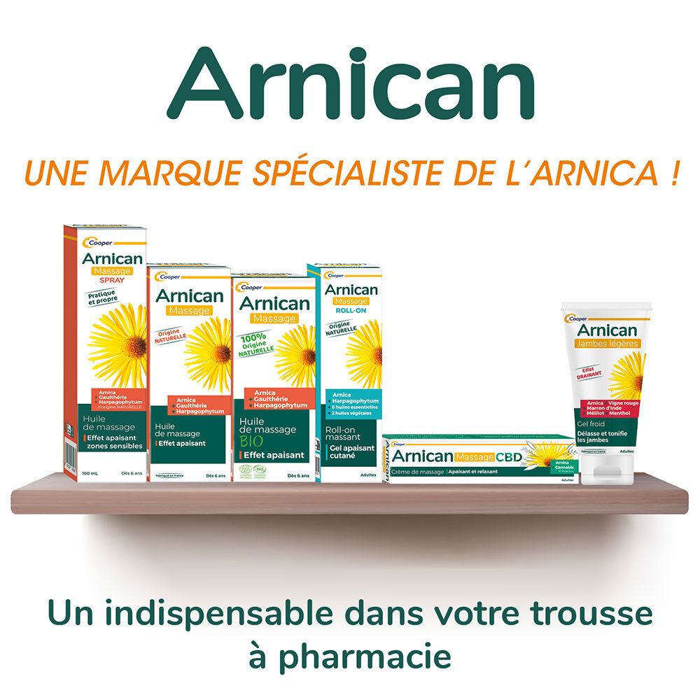 Étagère avec différents produits Arnican. Texte : Une marque spécialiste de l'arnica ! Un indispensable dans votre trousse de pharmacie.