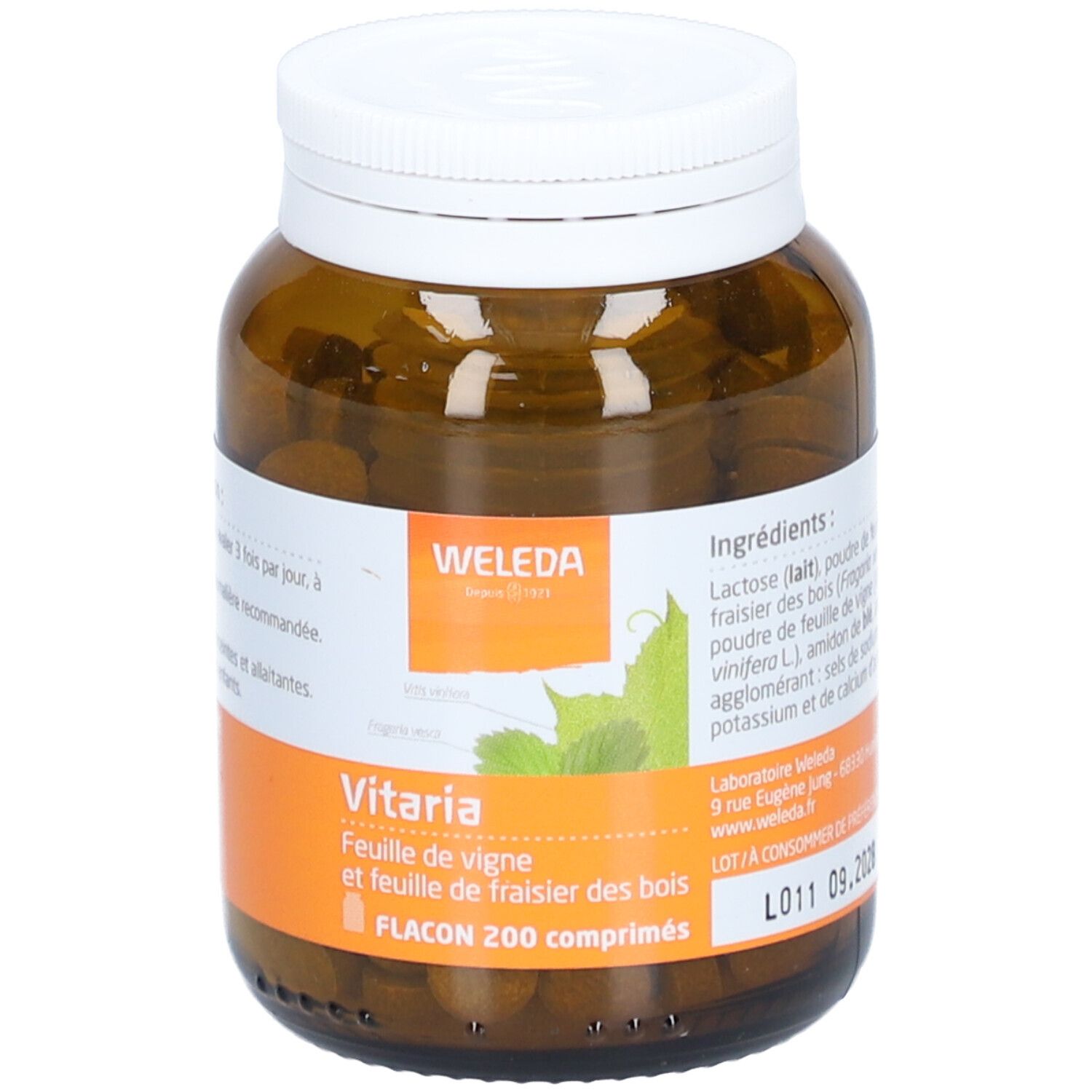 Braune Glasflasche mit weißen Deckel. Etikett mit Produktnamen und Inhaltsstoffen. Tabletten sichtbar.