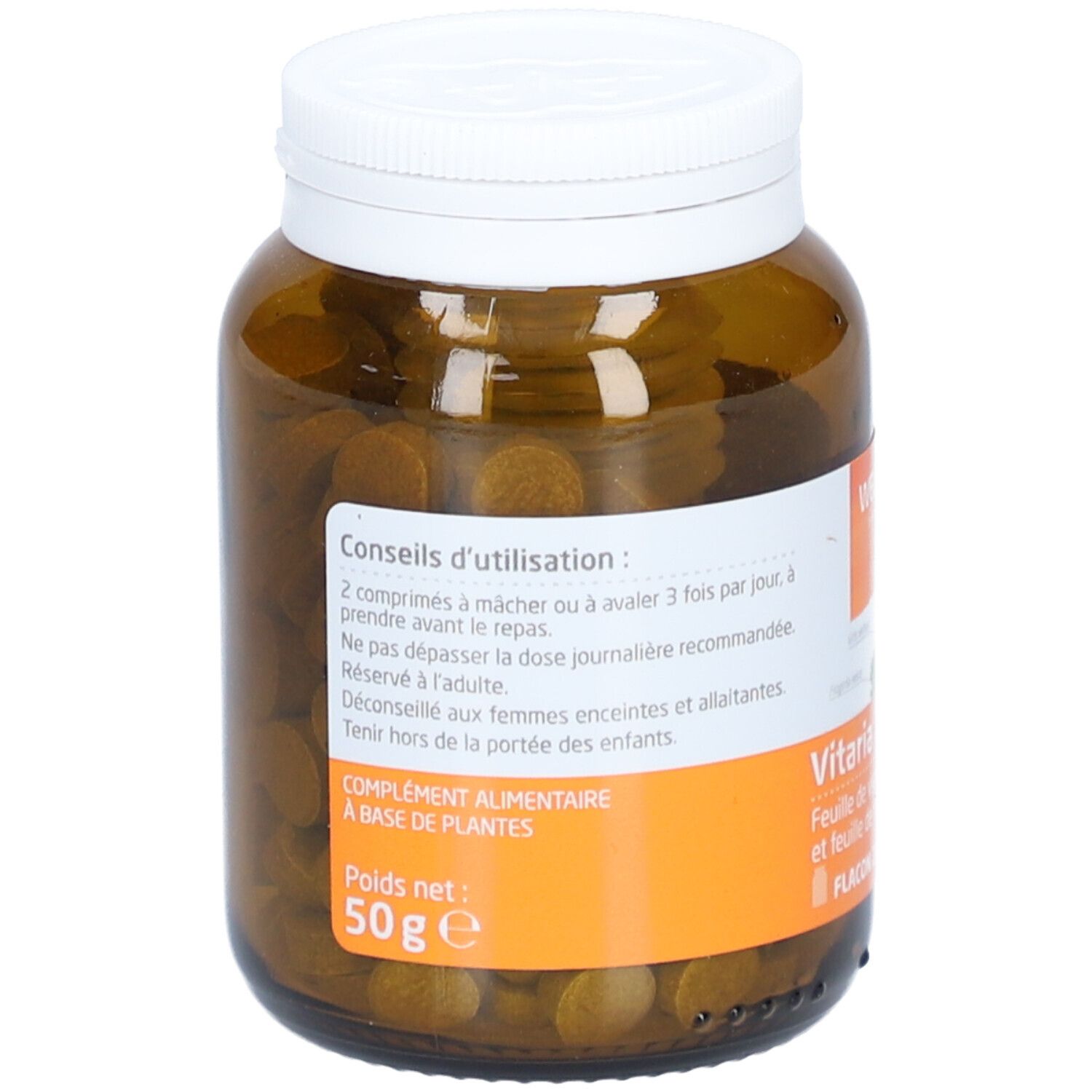 Braune Glasflasche mit weißem Deckel. Etikett mit Anwendungshinweisen. Tabletten sichtbar.