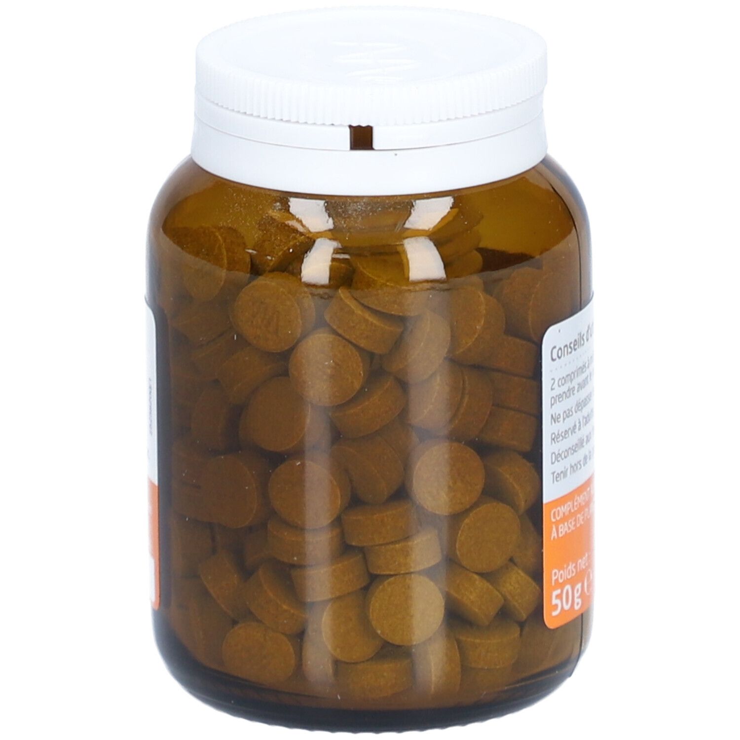 Braune Glasflasche mit weißem Deckel. Tabletten sind sichtbar. Produktname und Hinweise auf dem Etikett.