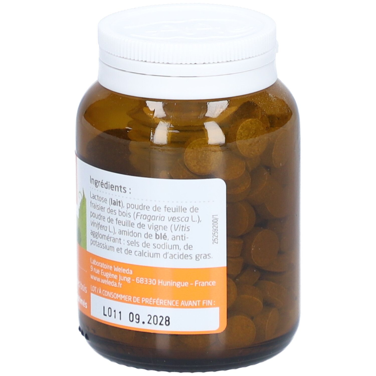 Braune Glasflasche mit weißem Deckel. Etikett mit Inhaltsstoffen und Verfallsdatum. Tabletten sichtbar.