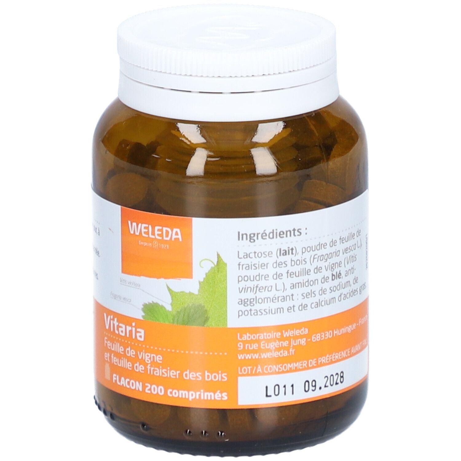 Braune Glasflasche mit weißem Deckel. Etikett mit Produktnamen, Inhaltsstoffen und Marke Weleda. Tabletten sichtbar.