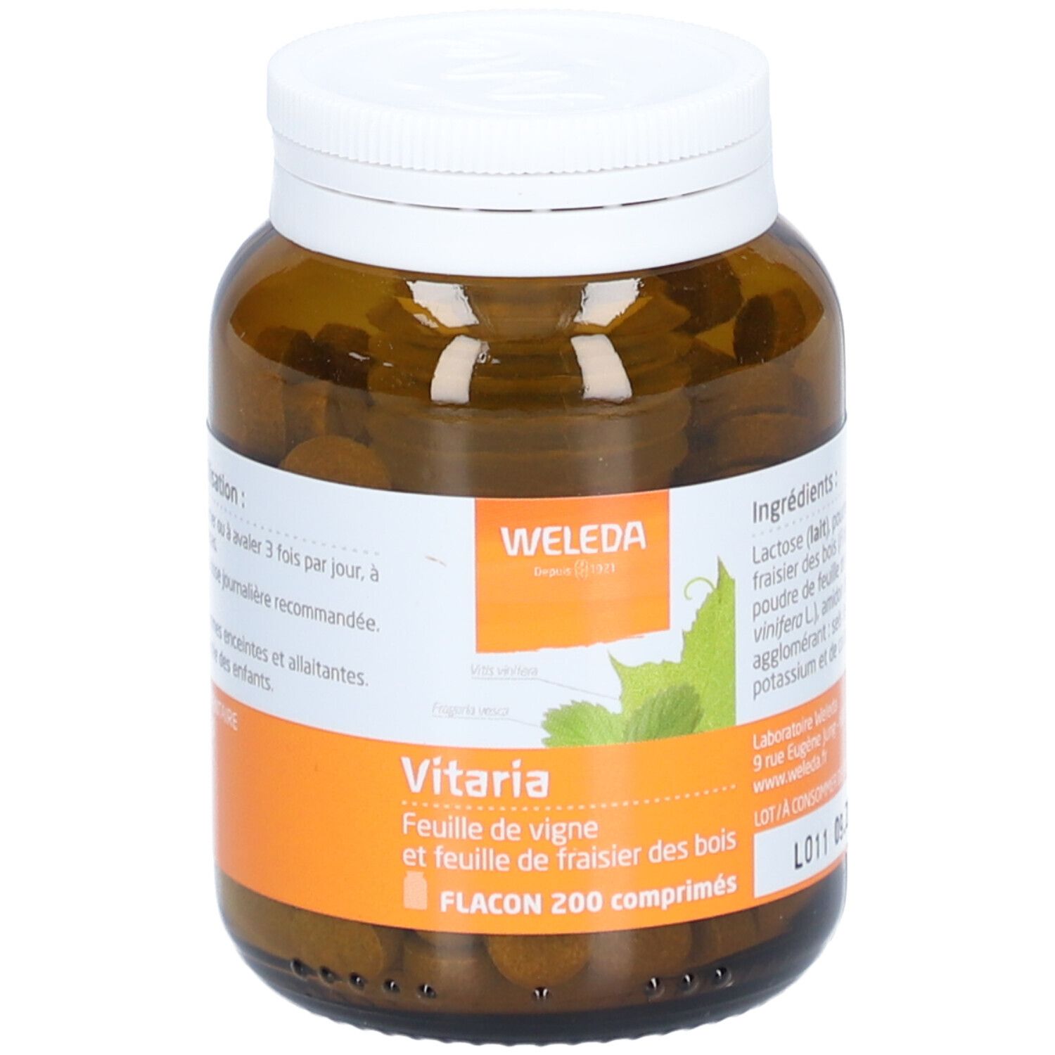 Braune Glasflasche mit weißem Deckel. Etikett mit Produktnamen und Marke Weleda. Tabletten sichtbar.