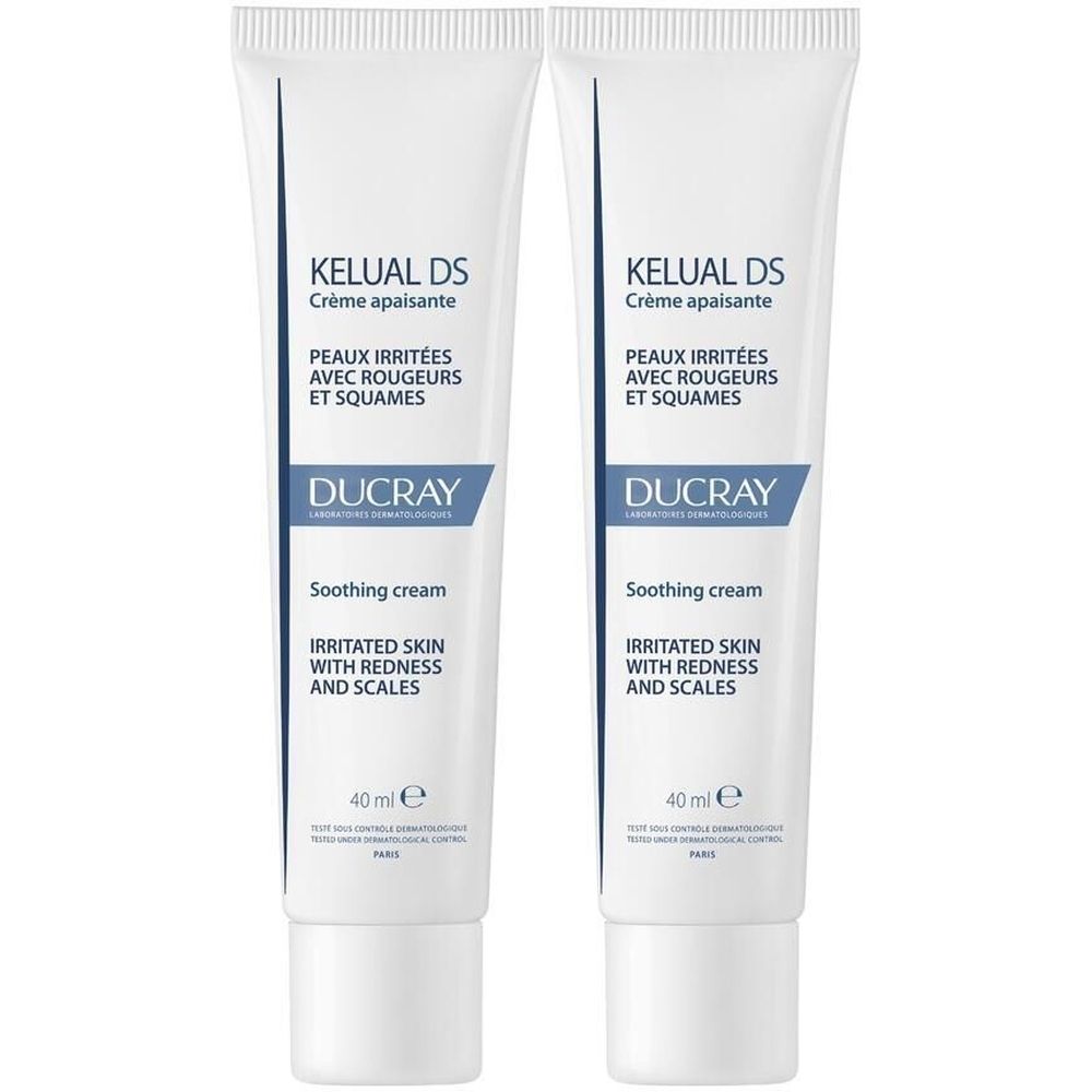 Zwei Tuben DUCRAY KELUAL DS Crème. Aufschrift: PEAUX IRRITÉES AVEC ROUGEURS ET SQUAMES. 40 ml.