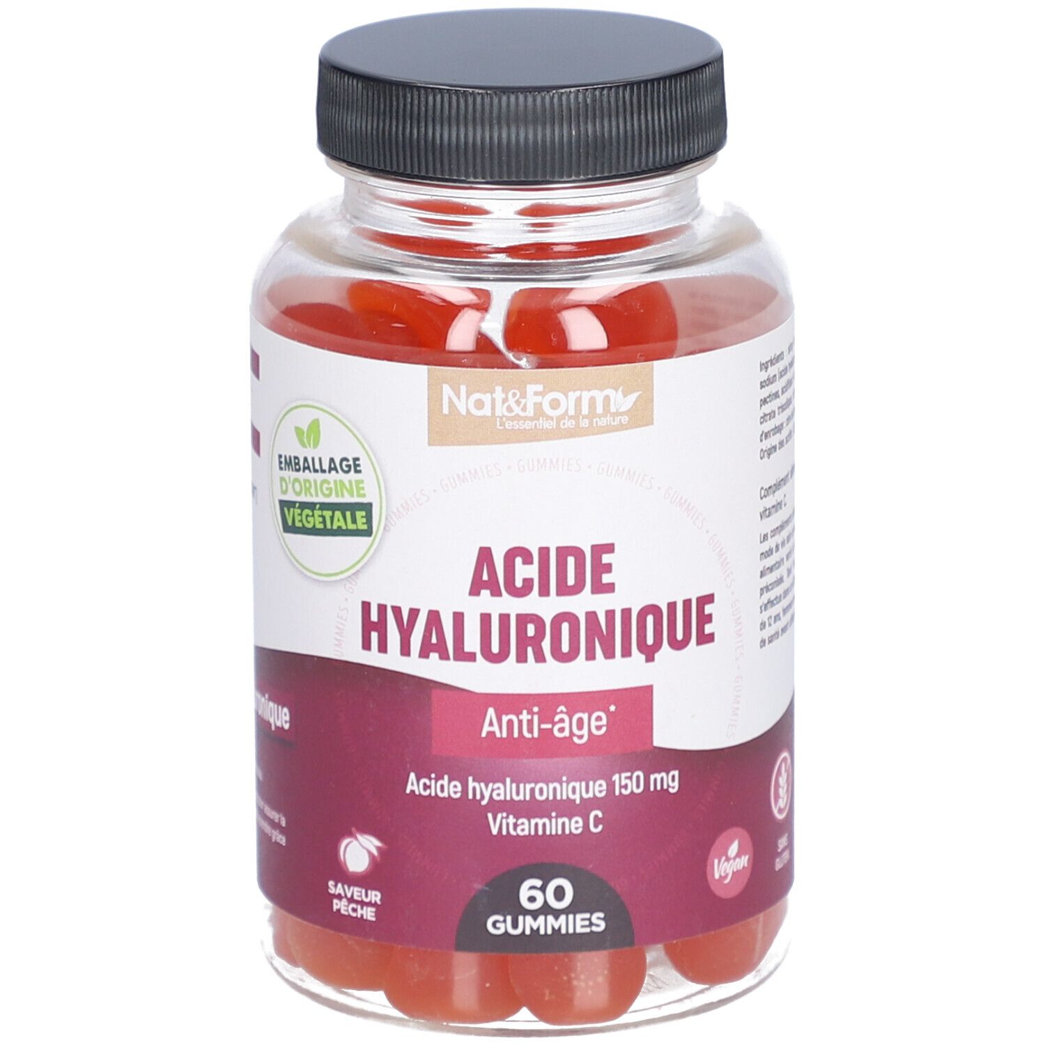 Flacon de gummies rouges. Inscription: Acide Hyaluronique Anti-âge, 60 Gummies. Label vegan.