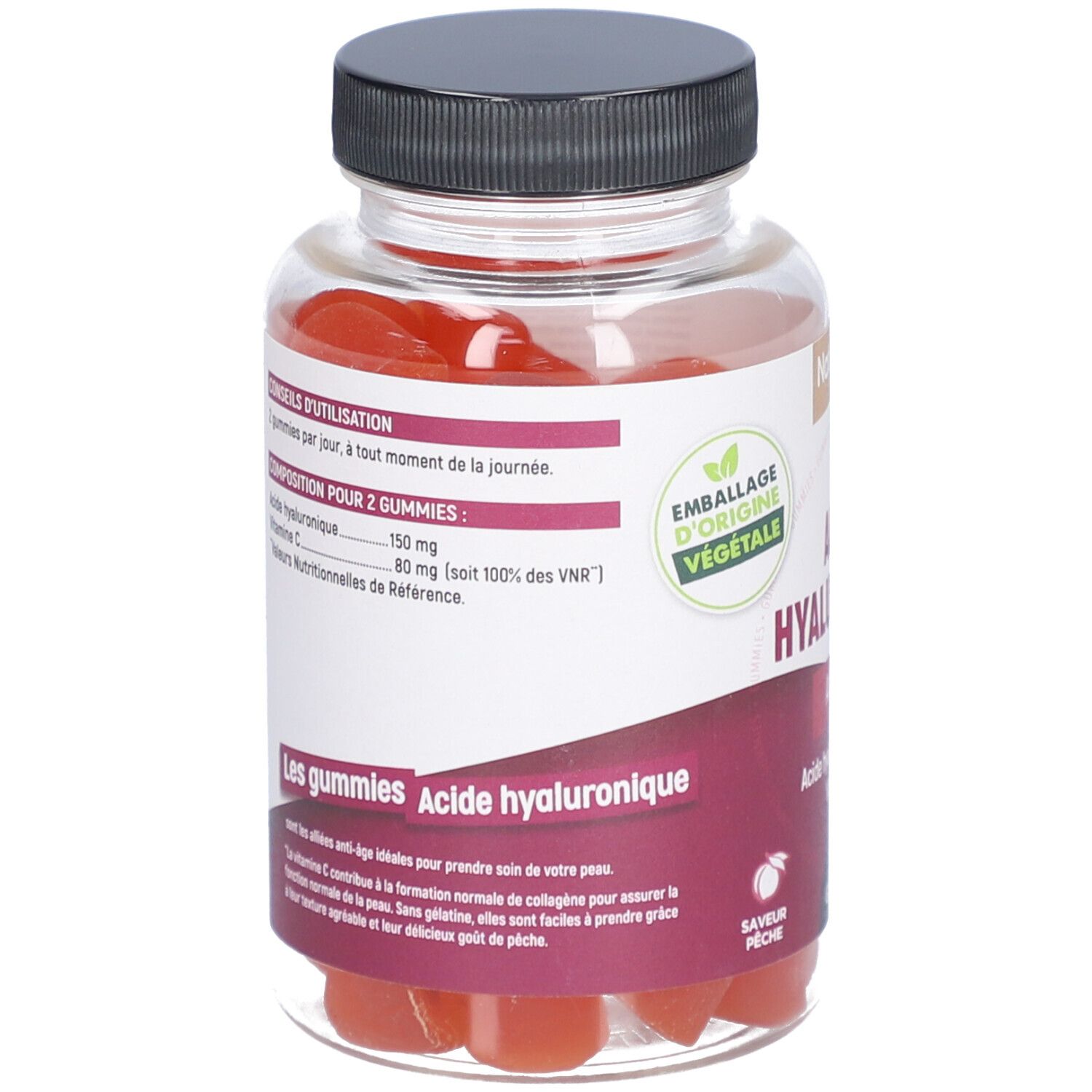 Vue arrière d'un flacon de gummies rouges. Texte: Acide Hyaluronique. Label vegan. Emballage d'origine végétale.