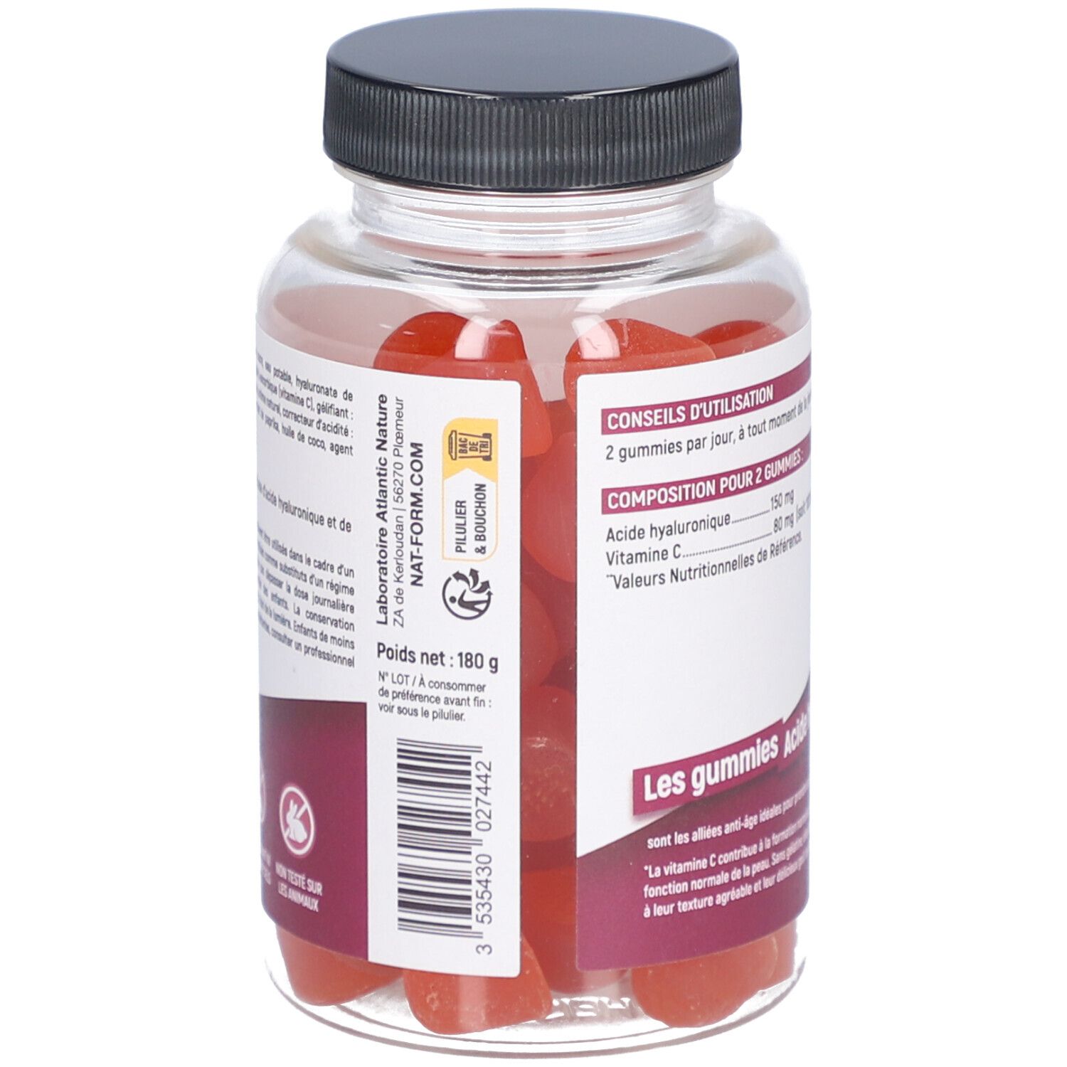 Vue arrière d'un flacon de gummies rouges. Texte: Acide Hyaluronique. Label vegan. Informations d'utilisation.