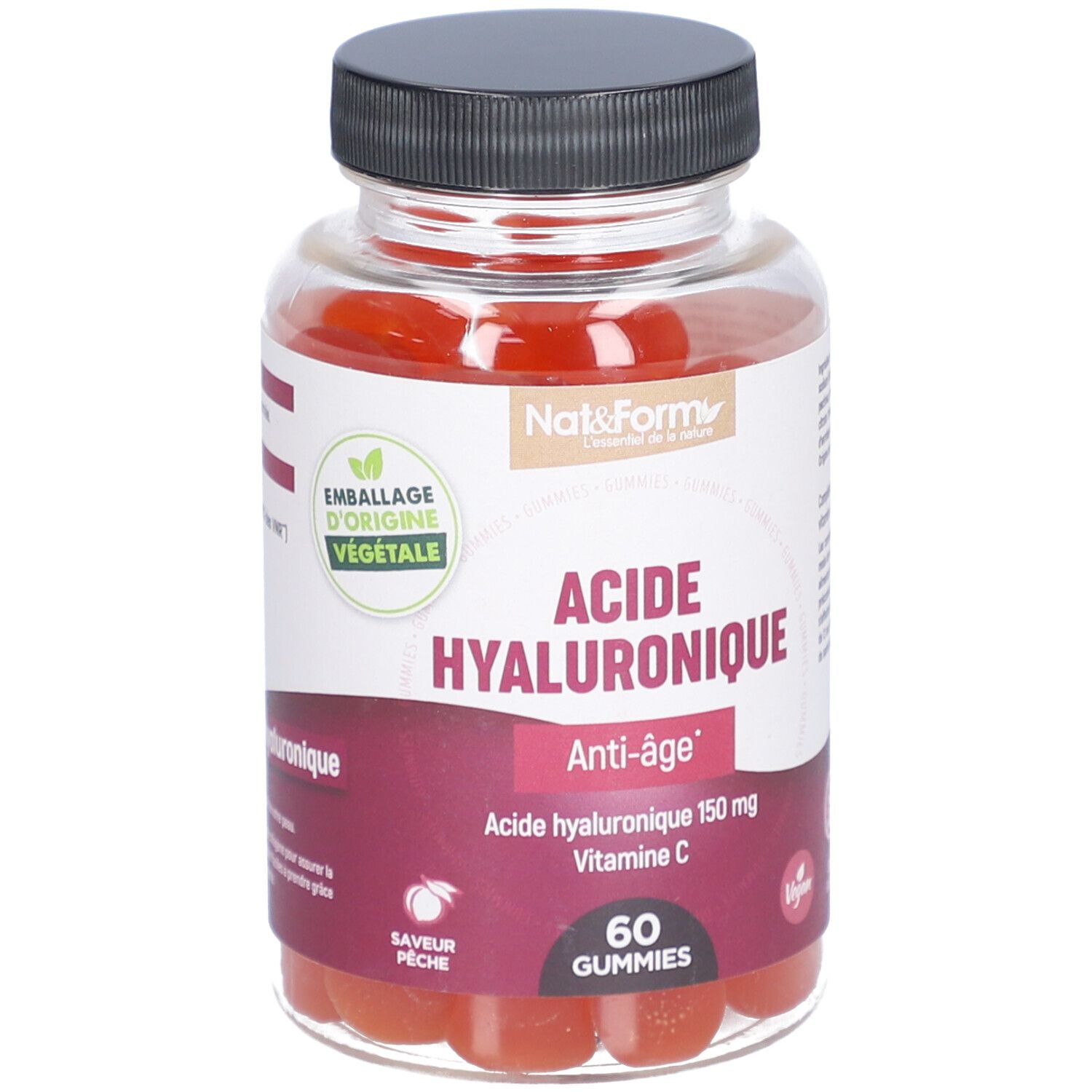 Flacon de gummies rouges. Inscription: Acide Hyaluronique Anti-âge, 60 Gummies. Label vegan. Emballage d'origine végétale.