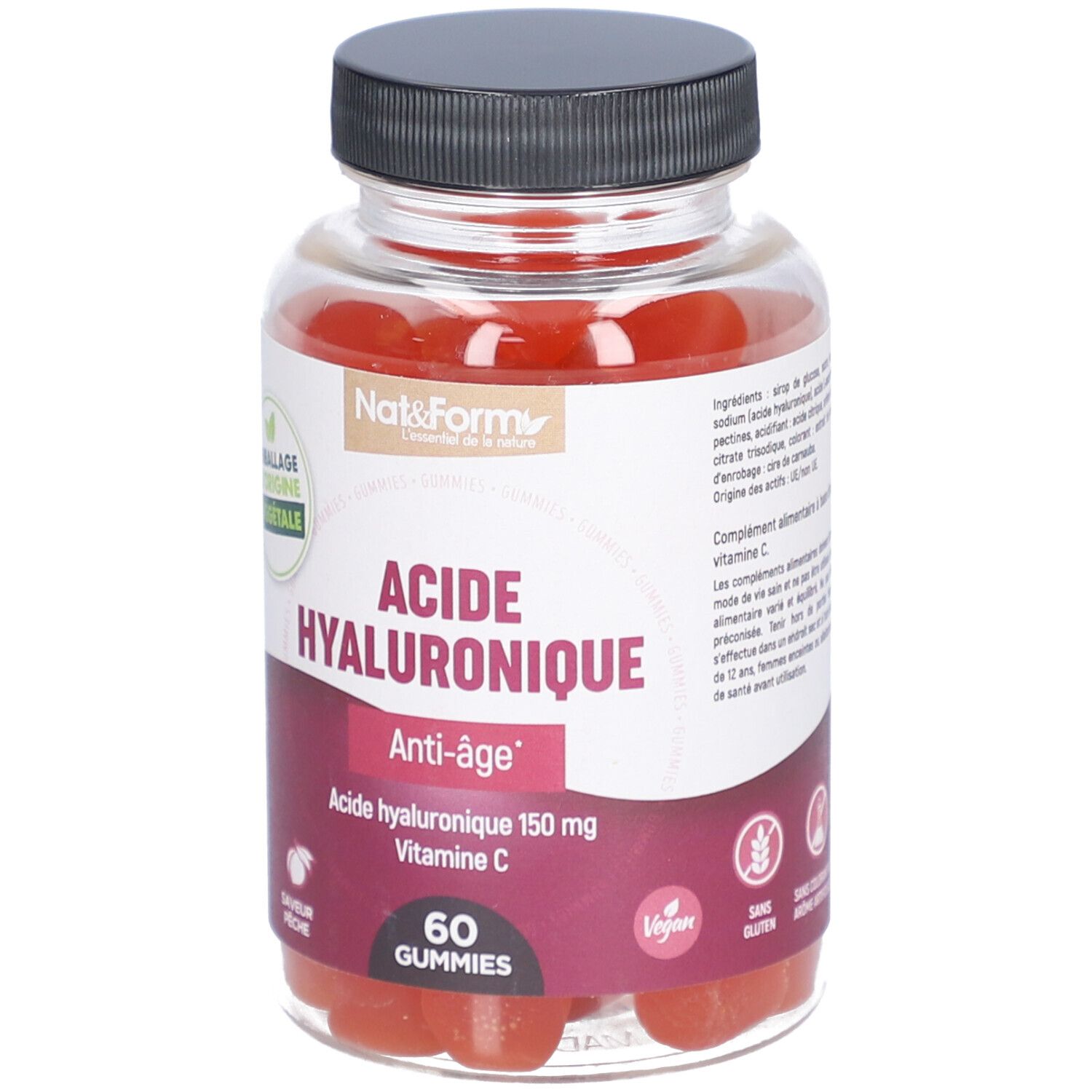 Flacon de gummies rouges. Inscription: Acide Hyaluronique Anti-âge, 60 Gummies. Label vegan. Sans gluten.