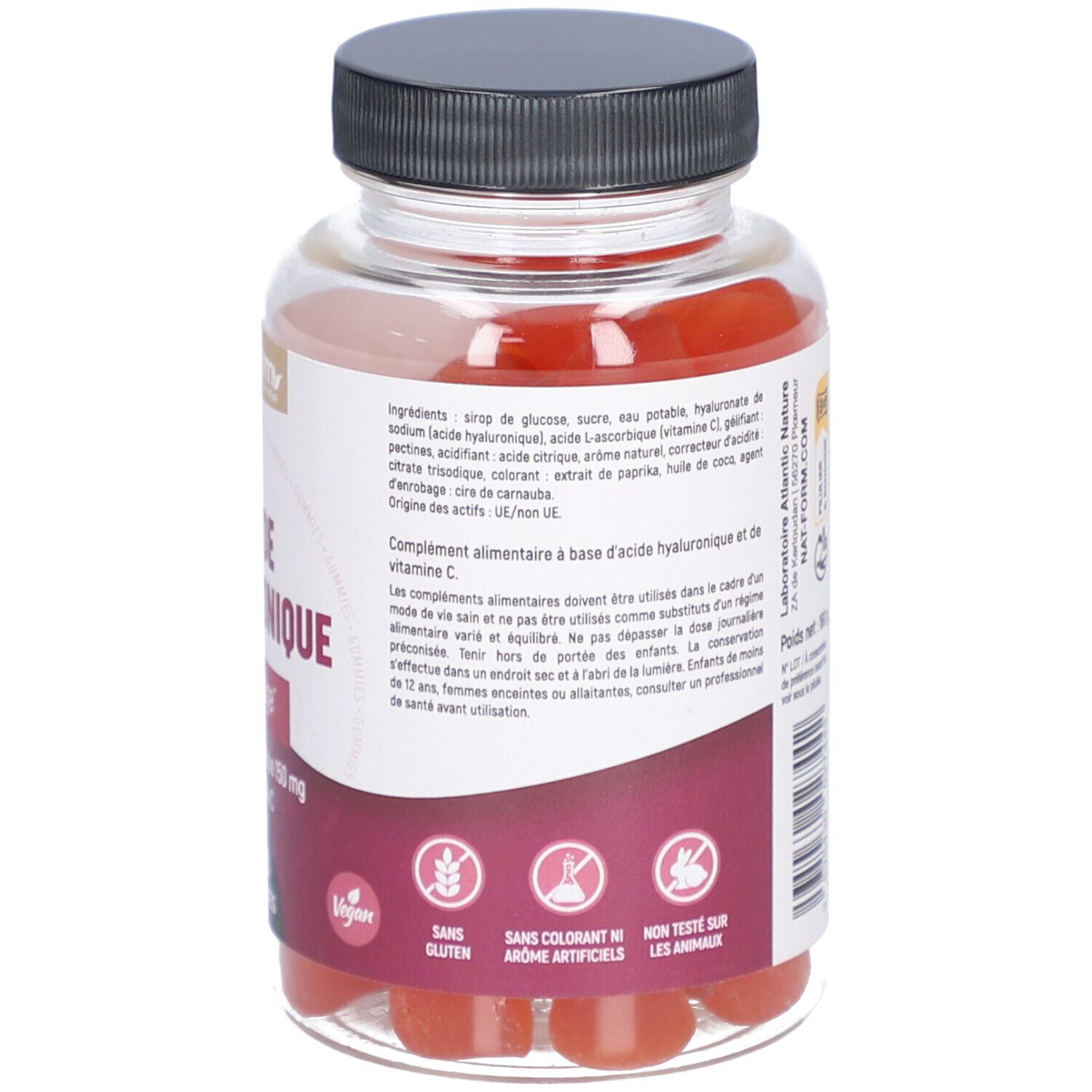 Vue arrière d'un flacon de gummies rouges. Texte: Acide Hyaluronique. Label vegan. Sans gluten. Sans arômes artificiels.