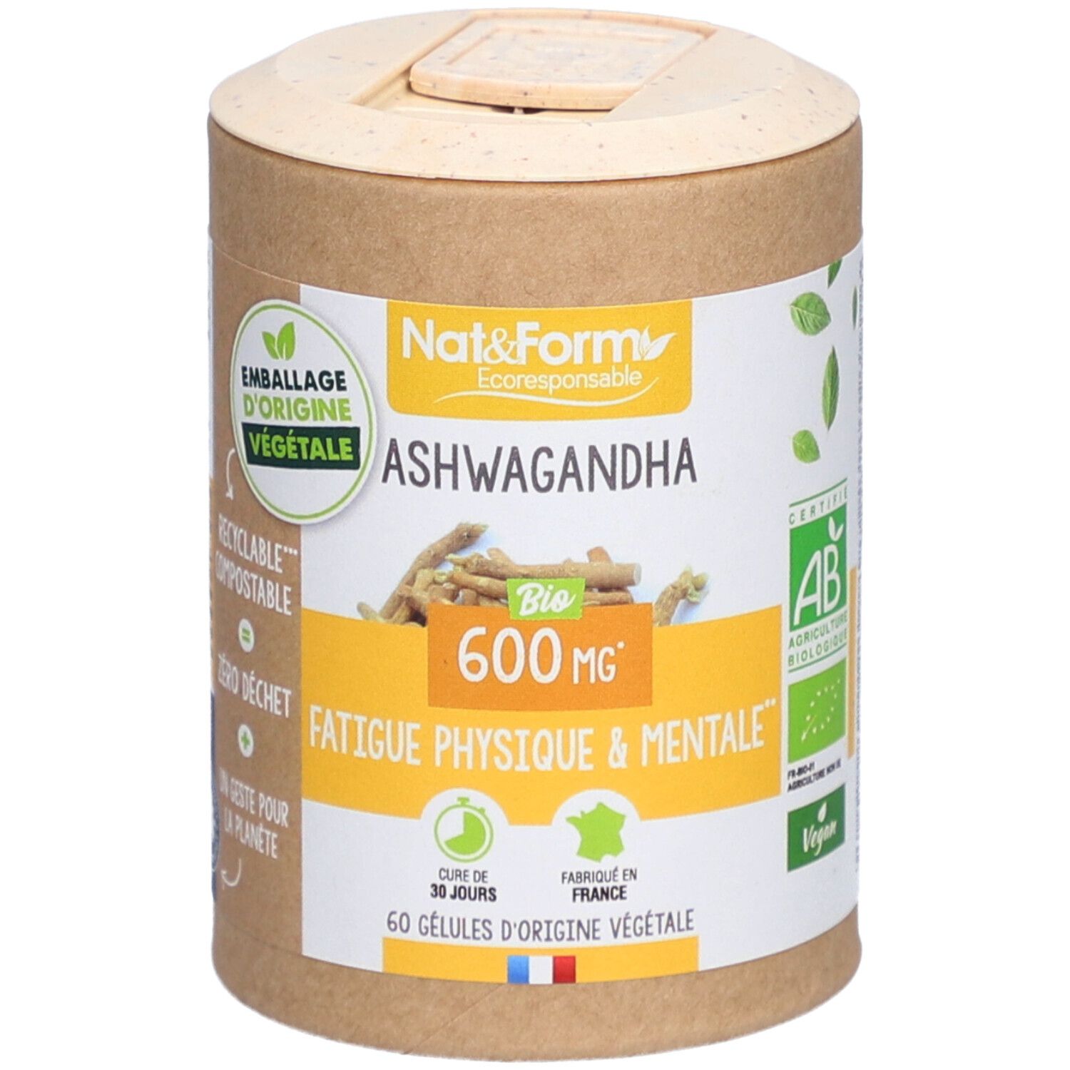 Emballage cylindrique avec 'Ashwagandha Bio' et '600 mg'. Étiquette verte et blanche avec texte et logo.