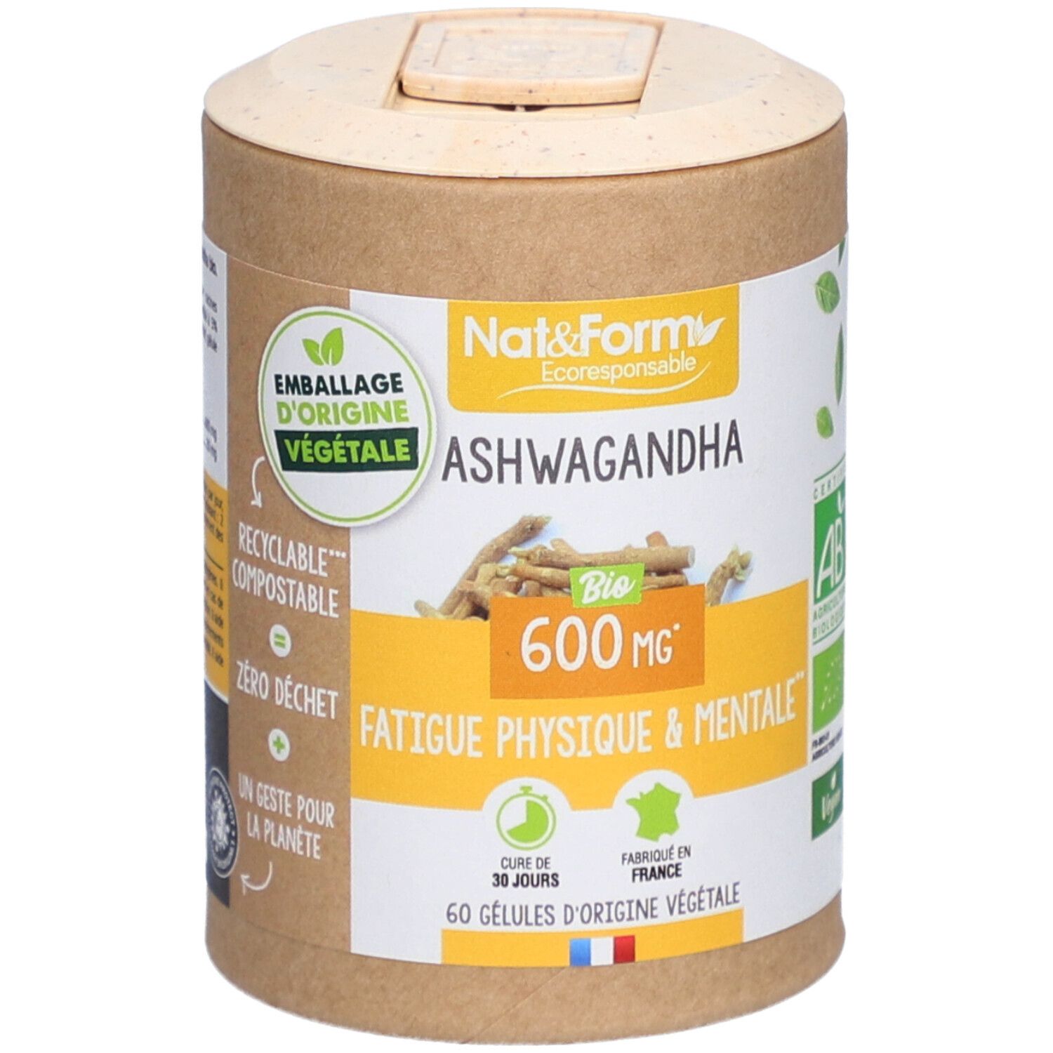 Emballage cylindrique avec 'Ashwagandha Bio' et '600 mg'. Étiquette verte et blanche avec texte et logo.