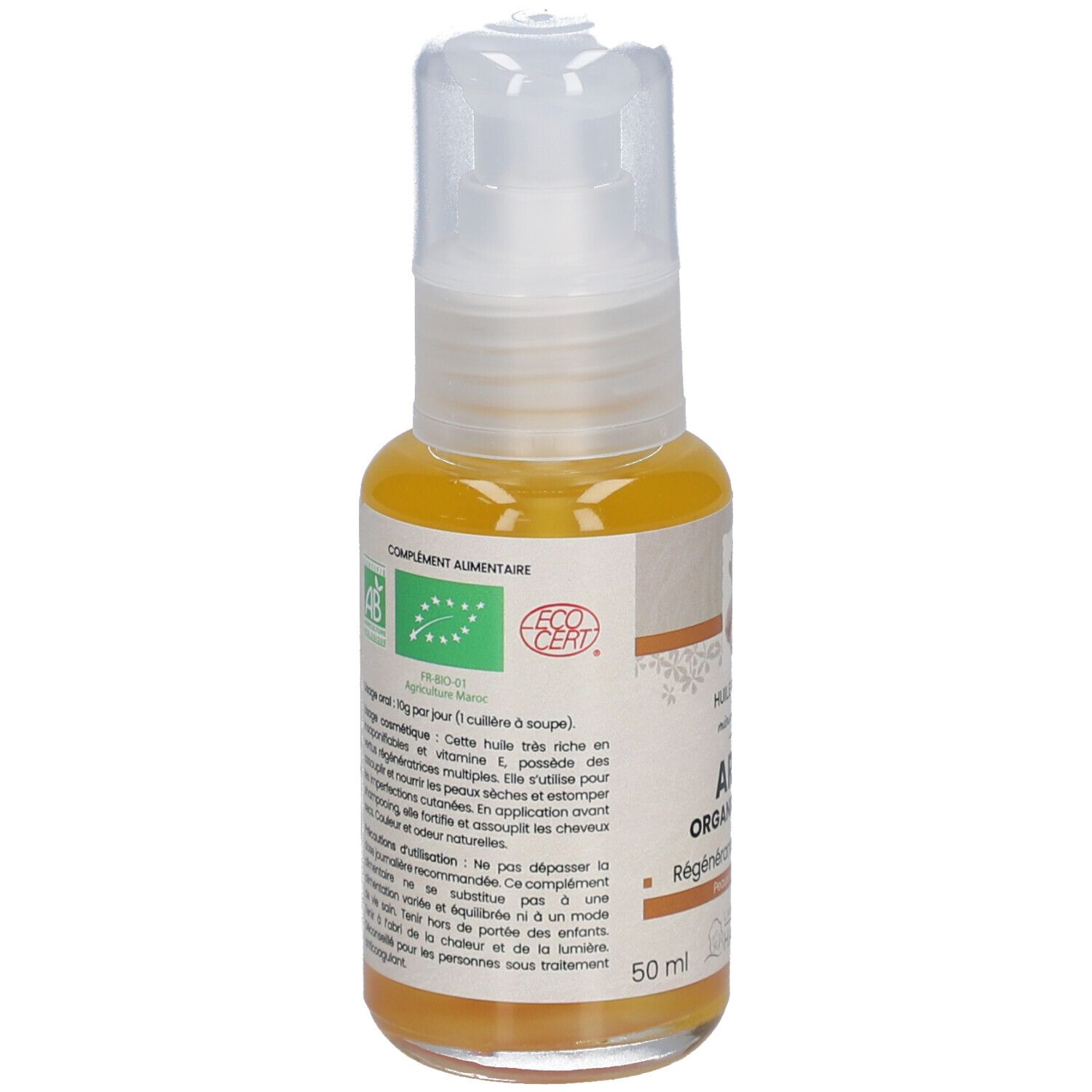 Arganöl-Flasche mit Pumpverschluss. Aufschrift: Arganöl Bio, Regenerierend, für trockene Haut. Label: Eco Cert.