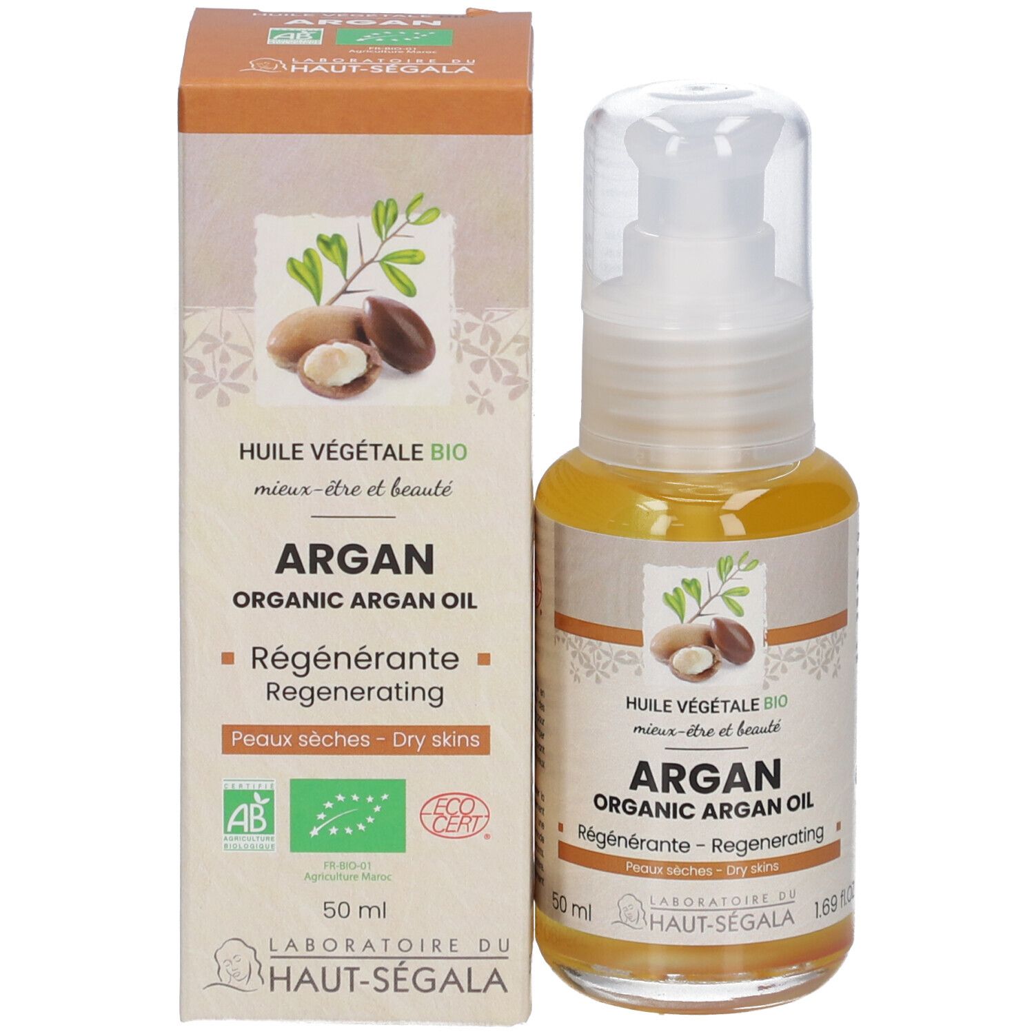 Arganöl-Flasche und -Verpackung. Aufschrift: Arganöl Bio, Regenerierend, für trockene Haut. Label: AB, Eco Cert.