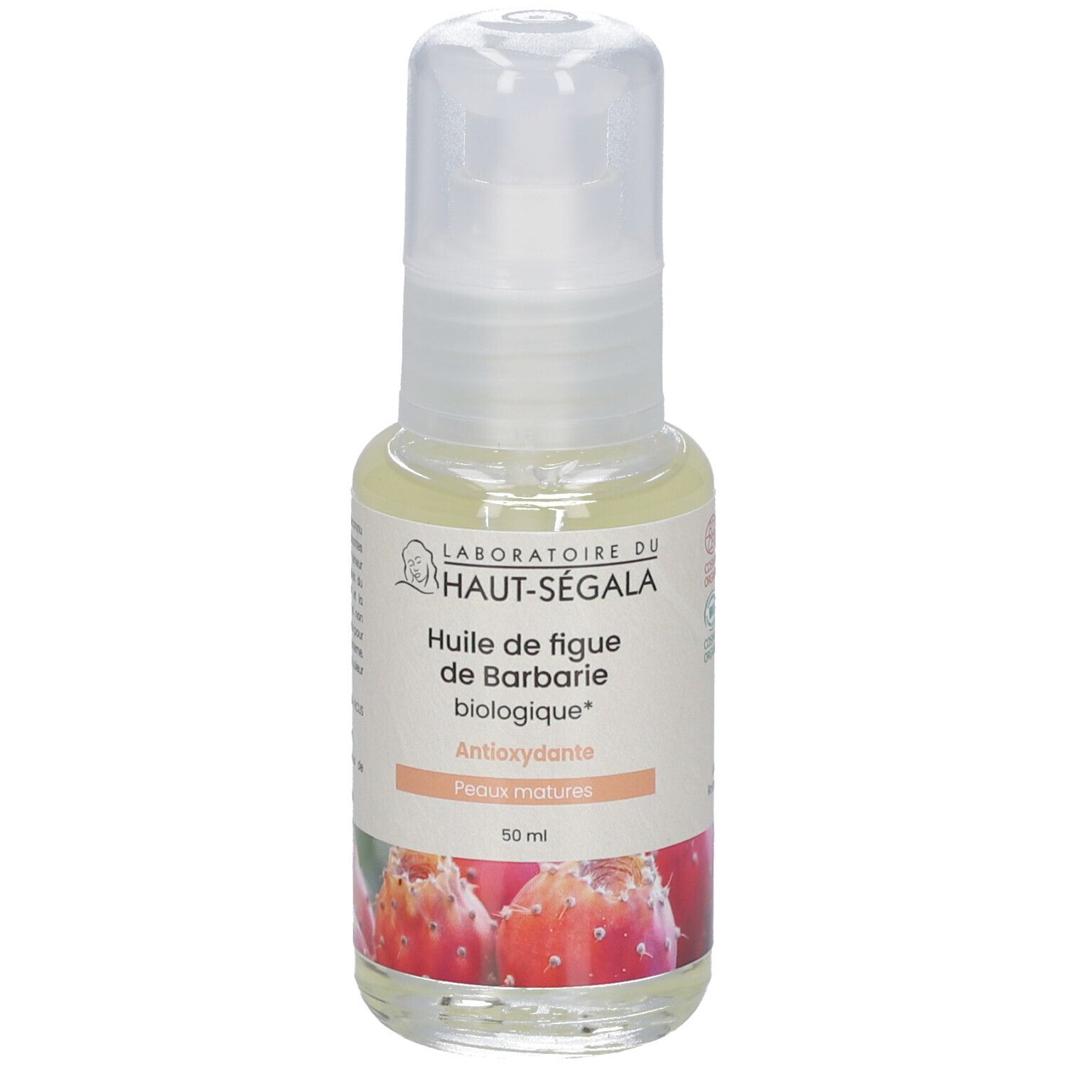 Klarer Flakon mit Dosierpumpe. Label mit Produktbezeichnung und Logo. Abbildung von Kaktusfeigen. Bio-Zertifizierung.