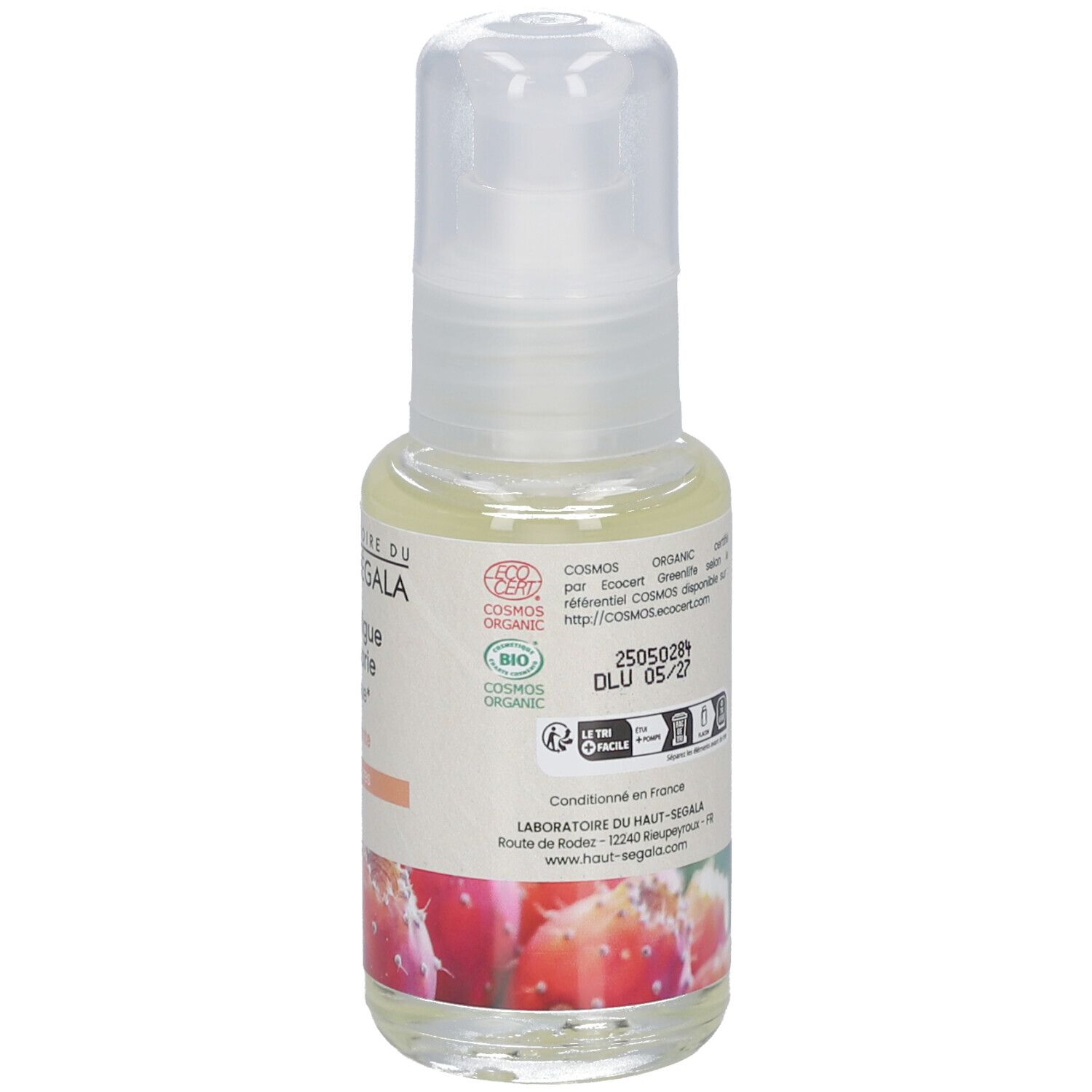 Flakon mit Dosierpumpe. Label mit Produktbezeichnung und Logo. Bio-Zertifizierung. Abbildung von Kaktusfeigen.