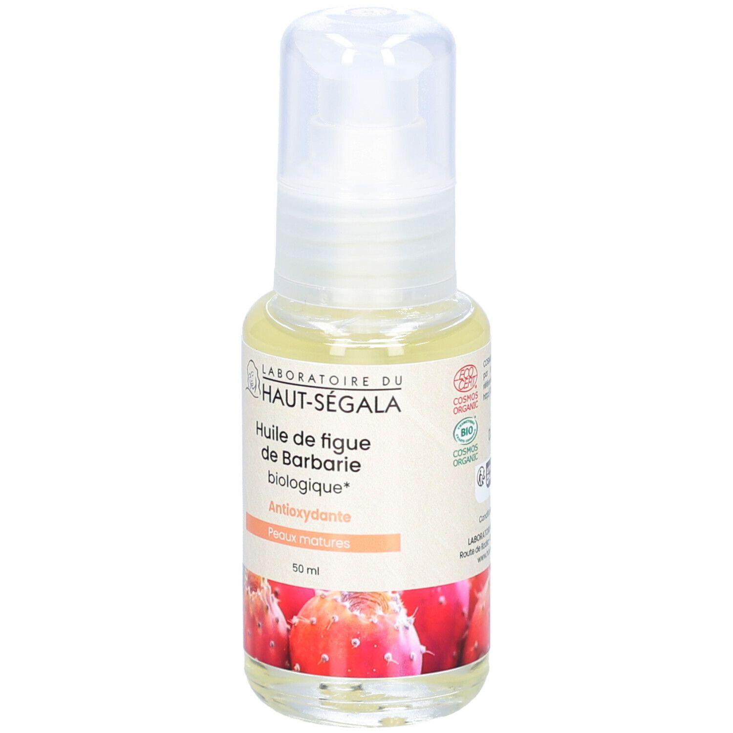 Flakon mit Dosierpumpe. Label mit Produktbezeichnung und Logo. Bio-Zertifizierung. Abbildung von Kaktusfeigen.