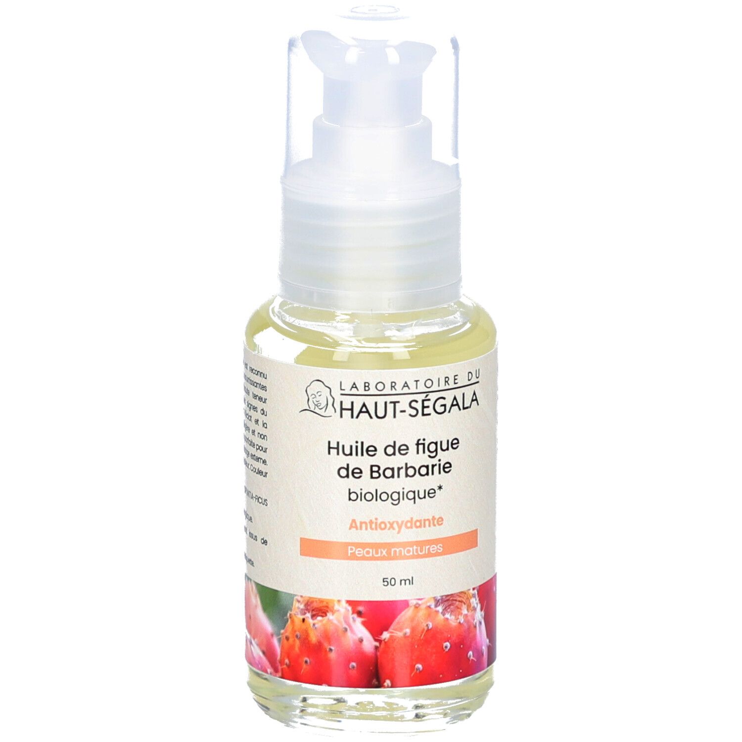 Flakon mit Dosierpumpe. Label mit Produktbezeichnung und Logo. Bio-Zertifizierung. Abbildung von Kaktusfeigen.