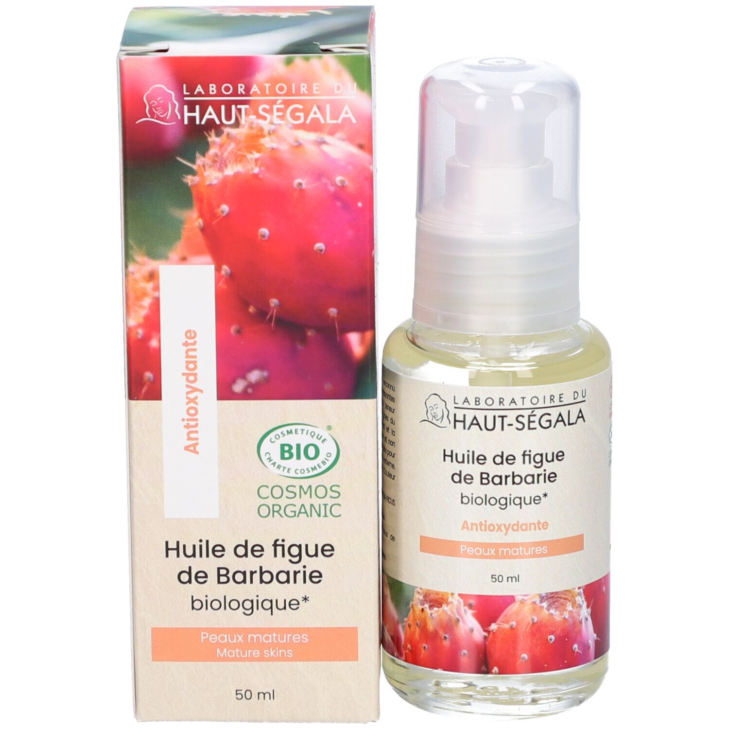 Flakon und Verpackung mit Produktinformationen. Label mit Logo und Text. Bio-Zertifizierung. Abbildung von Kaktusfeigen.