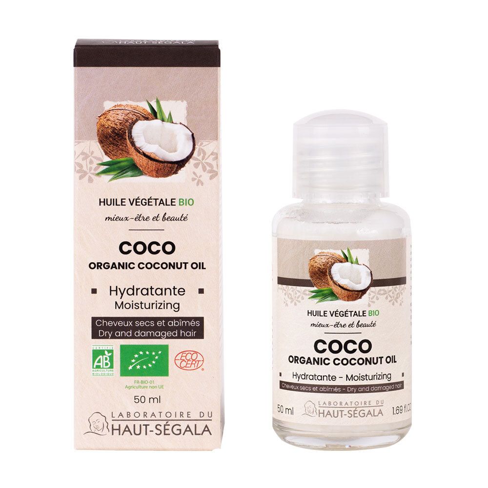 Boîte et flacon d'huile de coco. Inscription: Coco Organic Coconut Oil, Hydratante, pour cheveux secs et abîmés. Label AB bio.