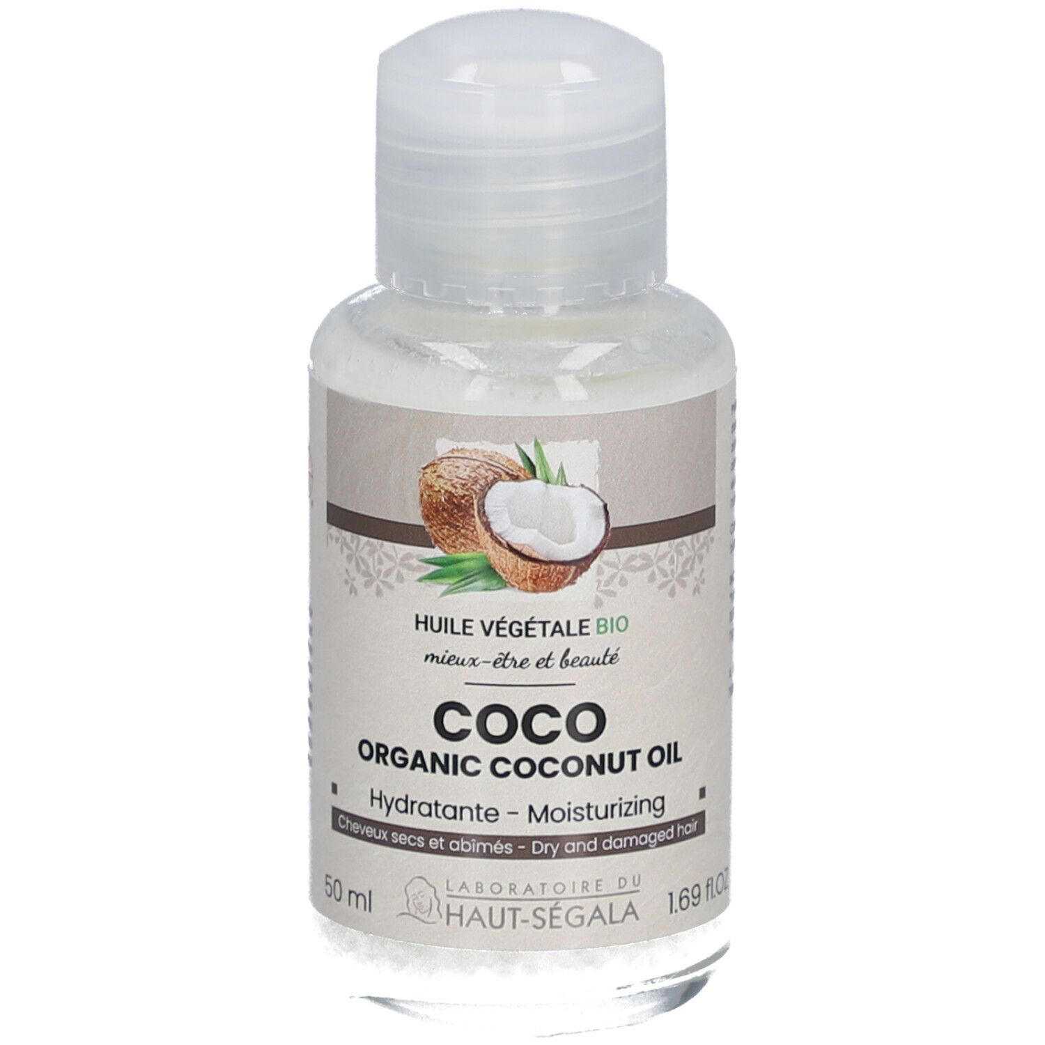 Flacon d'huile de coco avec bouchon. Inscription: Coco Organic Coconut Oil, Hydratante, pour cheveux secs et abîmés. 50 ml.