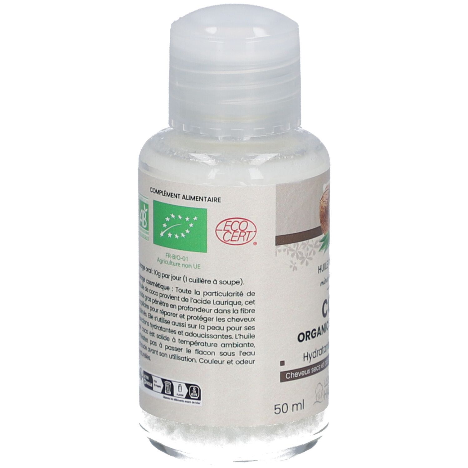Dos du flacon d'huile de coco. Texte: Complément alimentaire, label AB bio, EcoCert. Mode d'emploi. 50 ml.