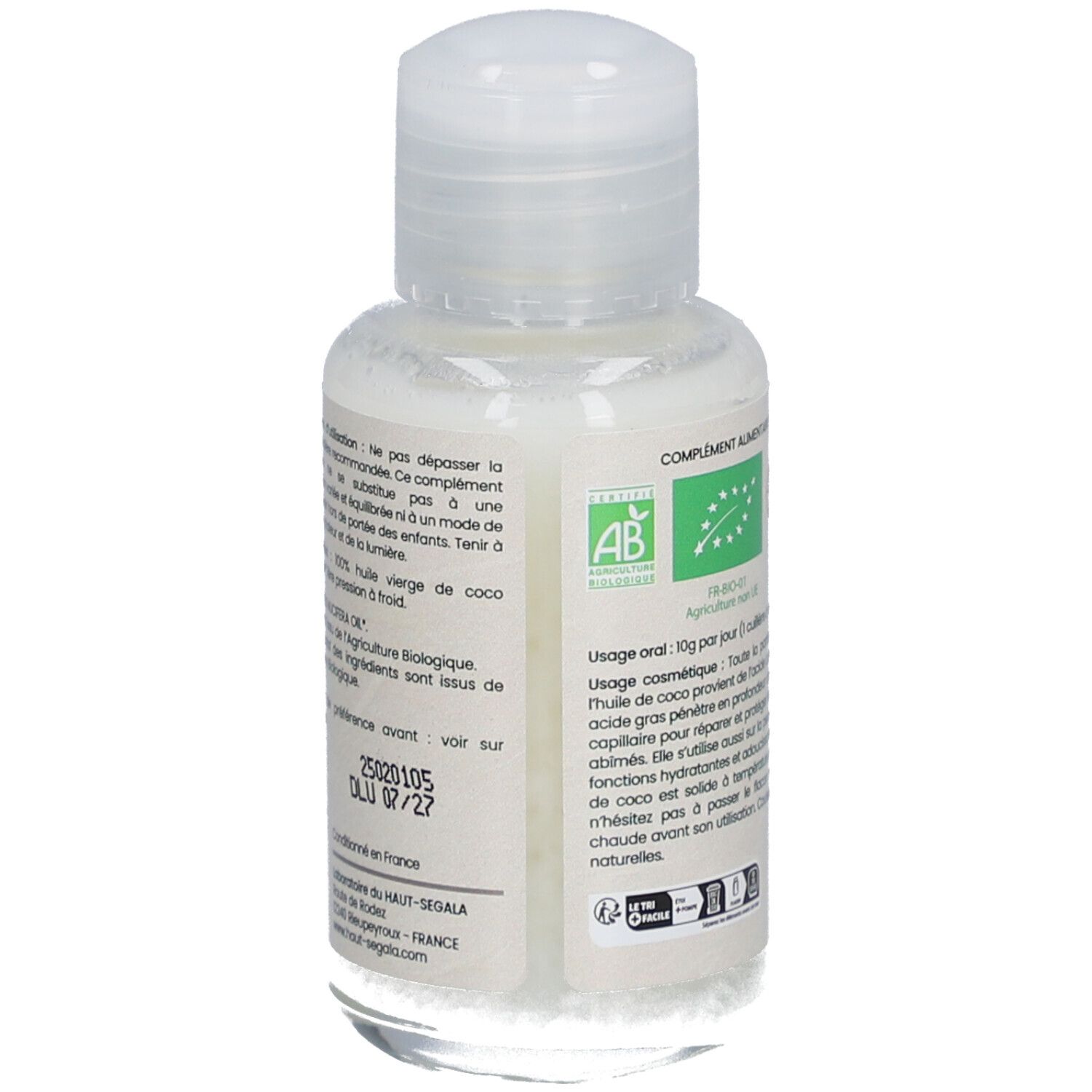 Dos du flacon d'huile de coco. Texte: Complément alimentaire, label AB bio, EcoCert. Mode d'emploi. 50 ml.