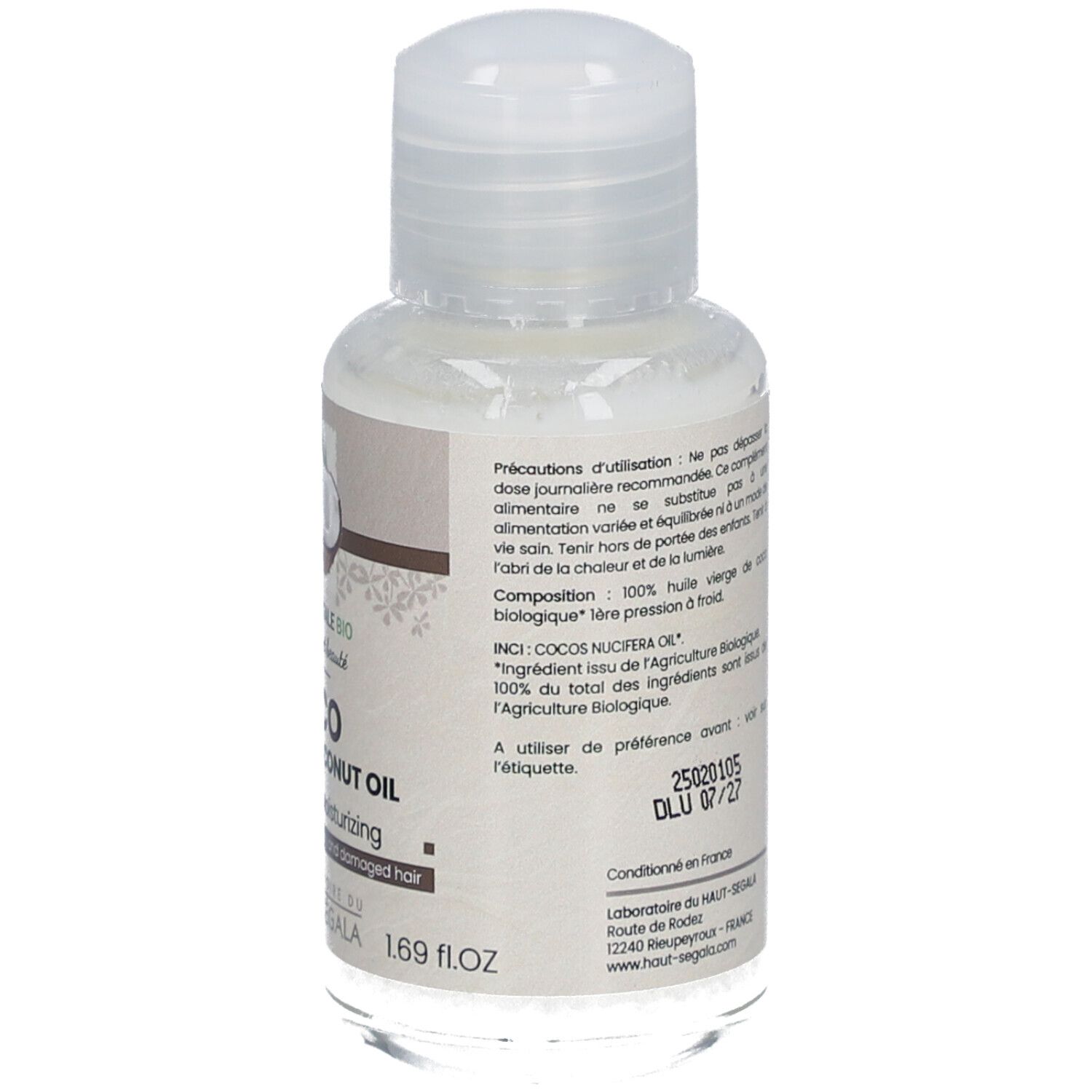Dos du flacon d'huile de coco. Texte: Précautions, ingrédients, numéro de lot. 1,69 fl.oz.