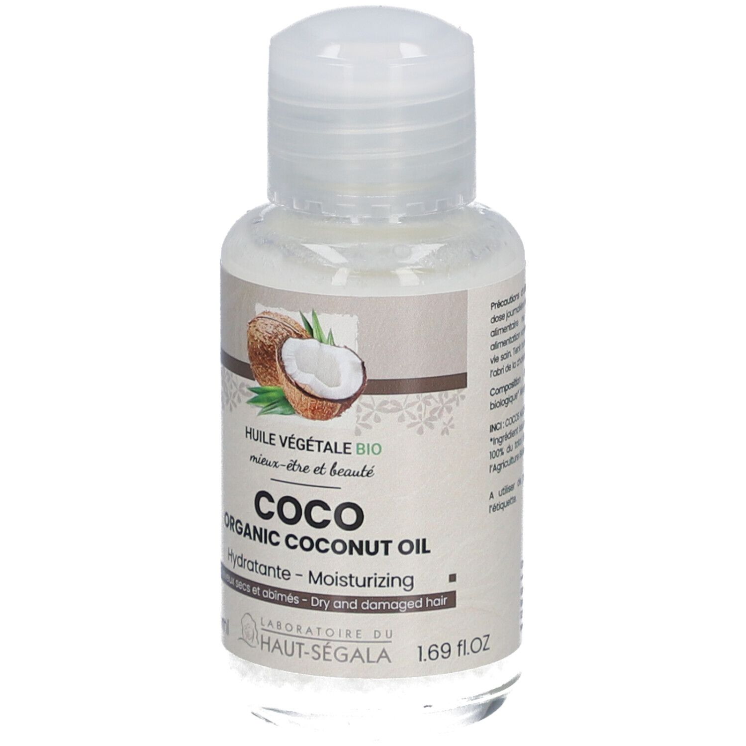 Flacon d'huile de coco avec bouchon. Inscription: Coco Organic Coconut Oil, Hydratante, pour cheveux secs et abîmés. 1,69 fl.oz.
