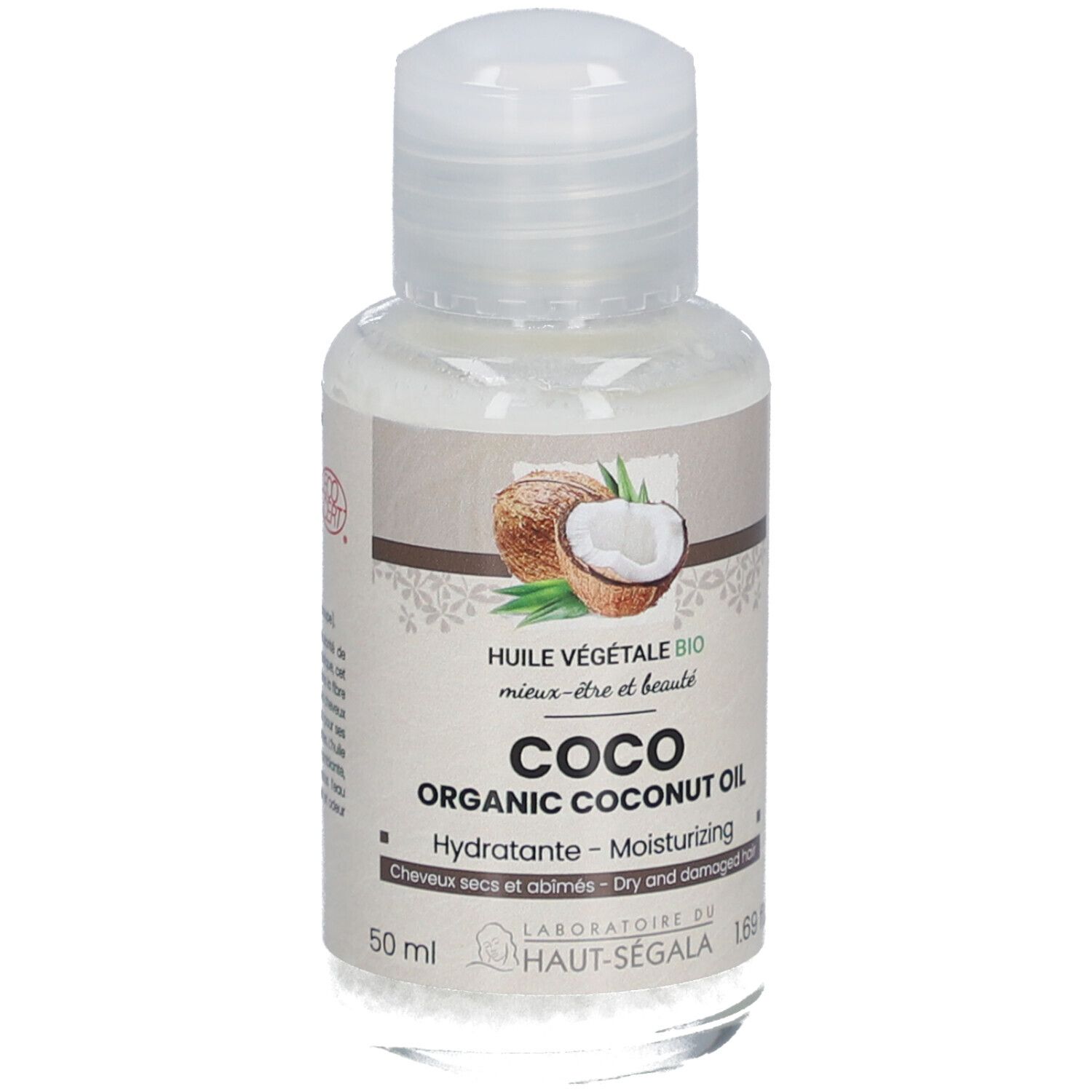 Flacon d'huile de coco avec bouchon. Inscription: Coco Organic Coconut Oil, Hydratante, pour cheveux secs et abîmés. 50 ml.