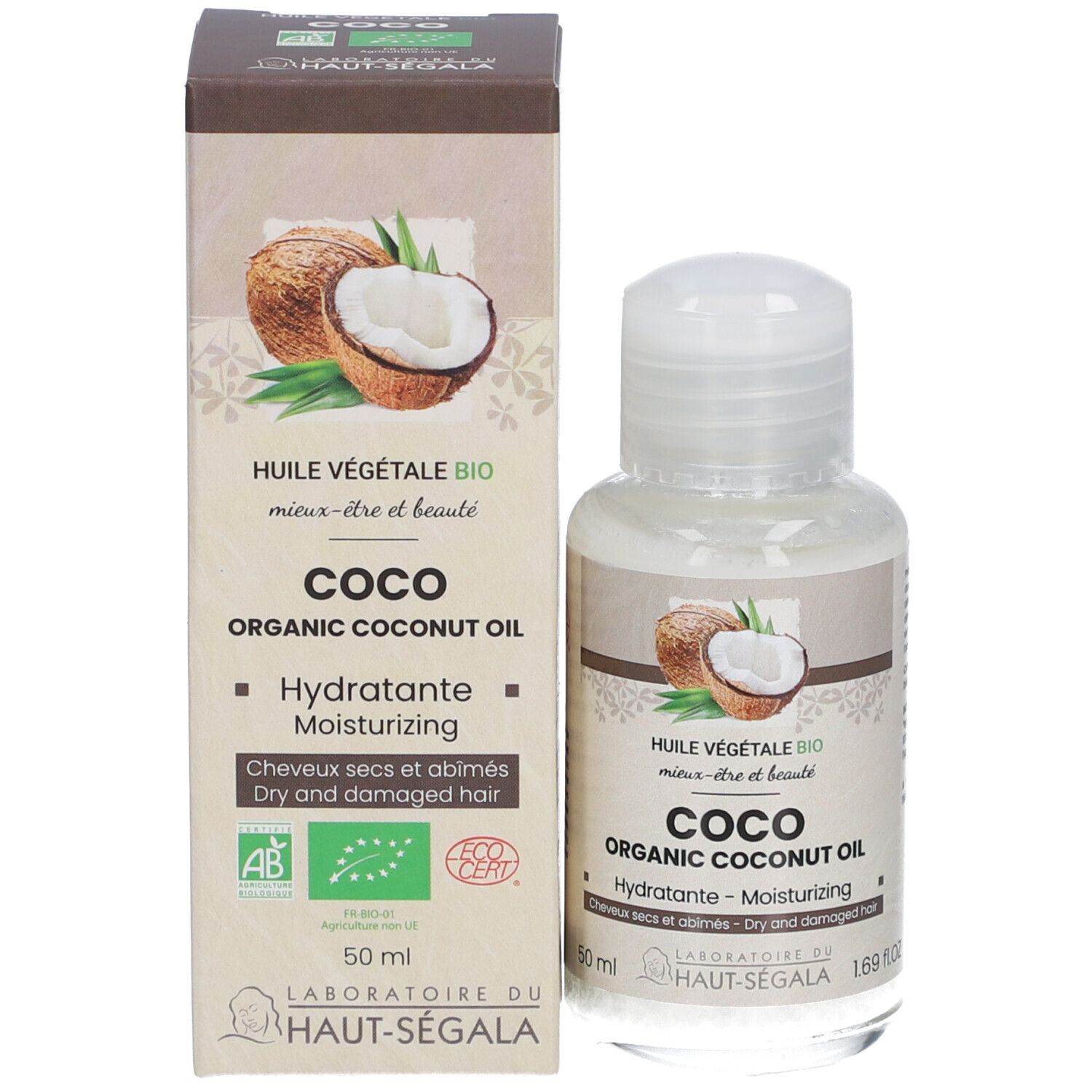Boîte et flacon d'huile de coco. Inscription: Coco Organic Coconut Oil, Hydratante, pour cheveux secs et abîmés. Label AB bio.