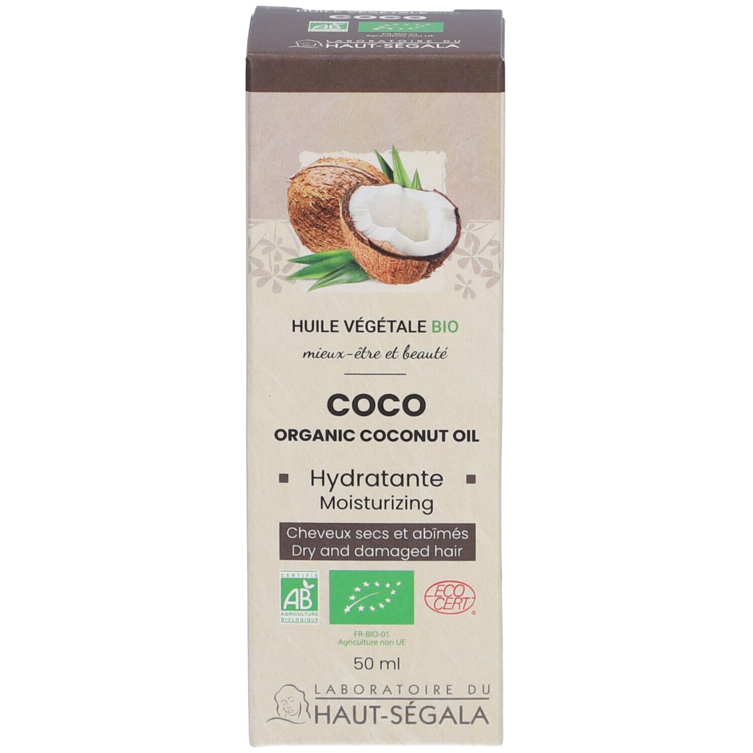 Boîte d'huile de coco. Inscription: Coco Organic Coconut Oil, Hydratante, pour cheveux secs et abîmés. Label AB bio. 50 ml.