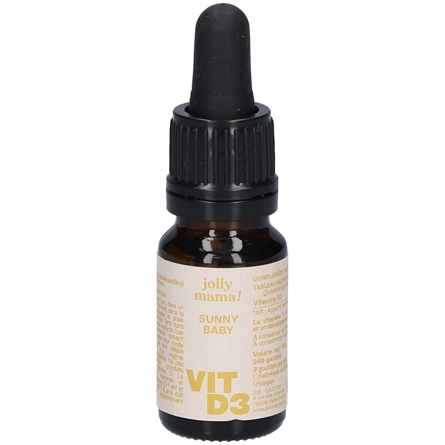 Flacon en verre brun avec compte-gouttes noir. L'étiquette indique "jolly mama! SUNNY BABY VIT D3".