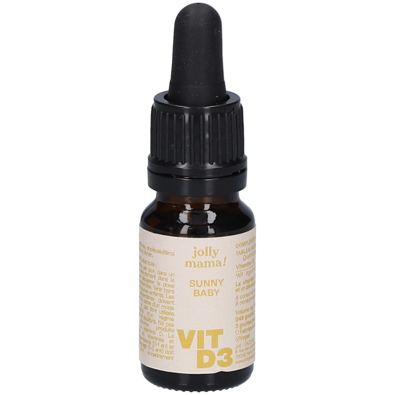 Flacon en verre brun avec compte-gouttes noir. Étiquette avec le nom du produit "jolly mama! SUNNY BABY VIT D3".