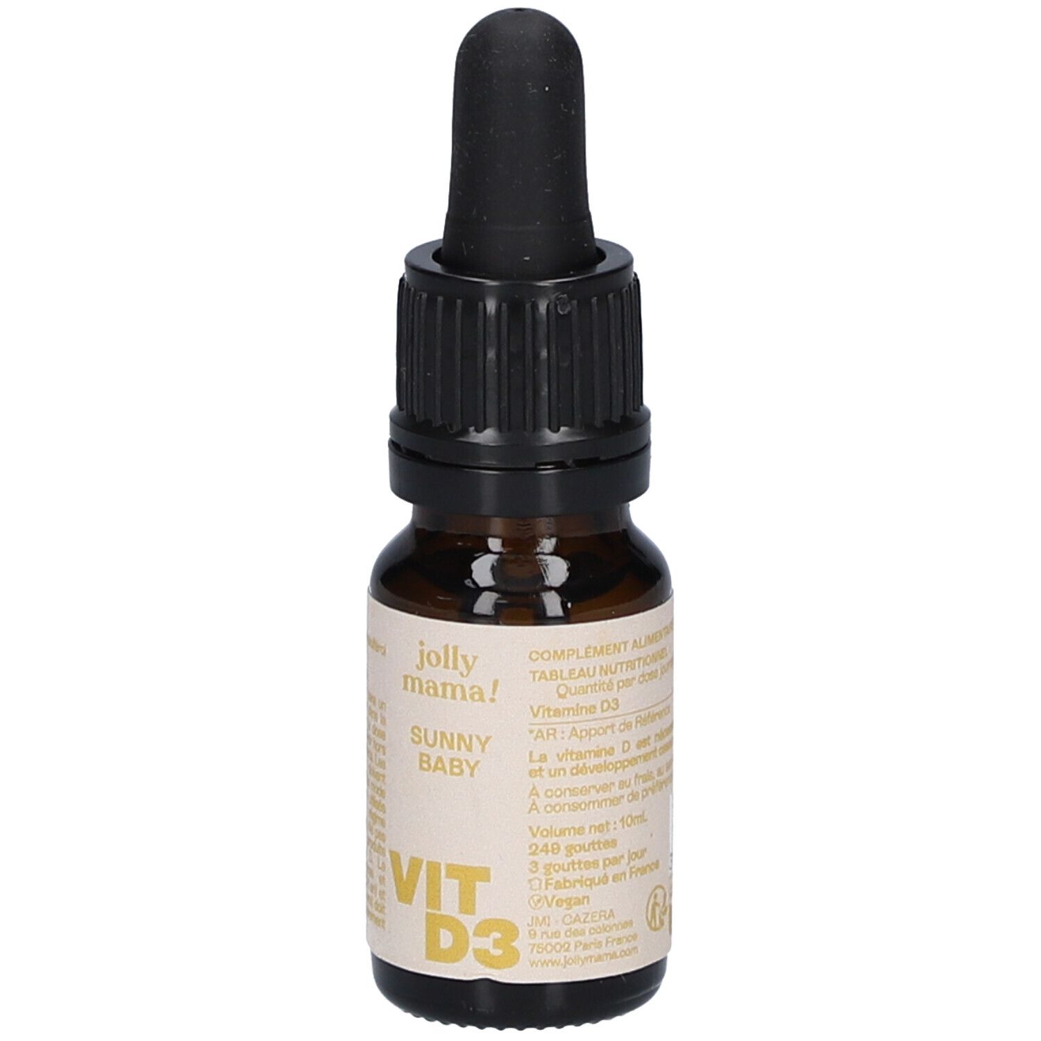 Flacon en verre brun avec compte-gouttes noir. Étiquette avec informations sur le produit et le nom "jolly mama! SUNNY BABY".