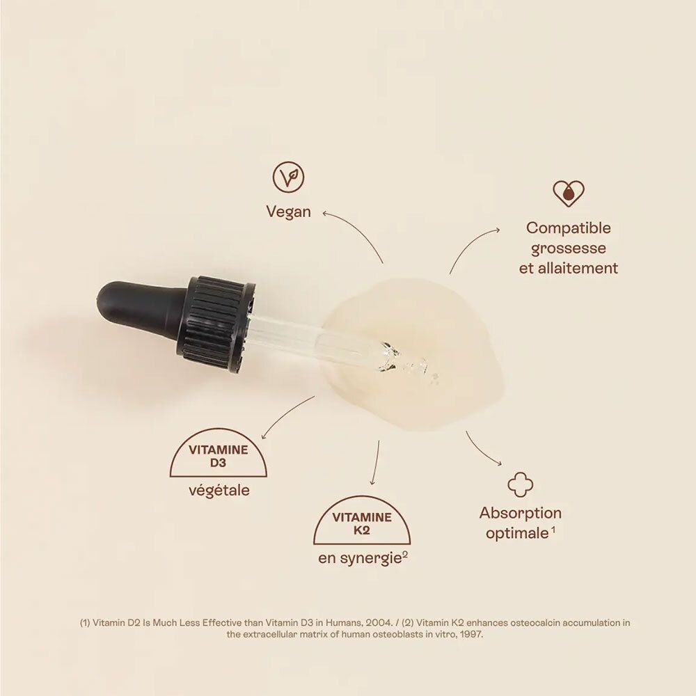 Liquide avec compte-gouttes. Label vegan. Texte: Vitamine D3, Vitamine K2, absorption optimale, compatible grossesse et allaitement.