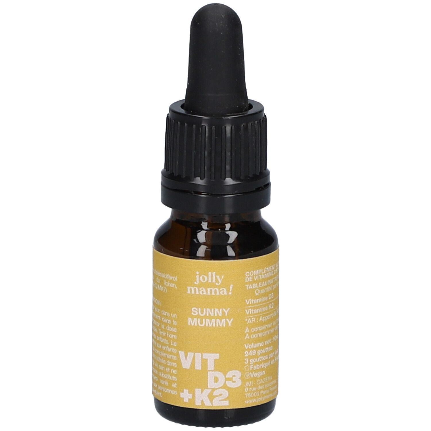 Flacon en verre brun avec compte-gouttes noir. Étiquette avec "jolly mama!" et "SUNNY MUMMY VIT D3 + K2".