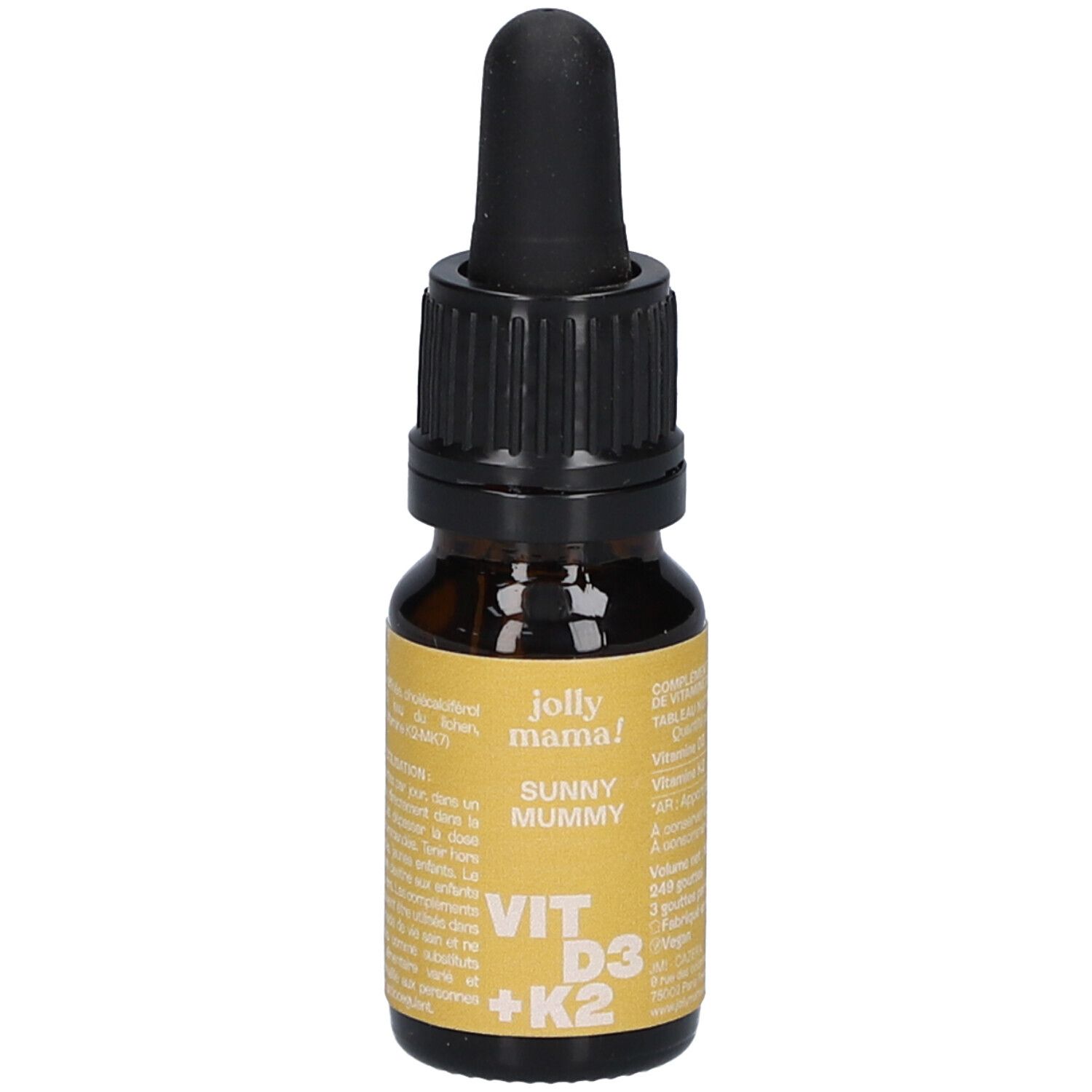Flacon en verre brun avec compte-gouttes noir. Étiquette avec "jolly mama!" et "SUNNY MUMMY VIT D3 + K2".