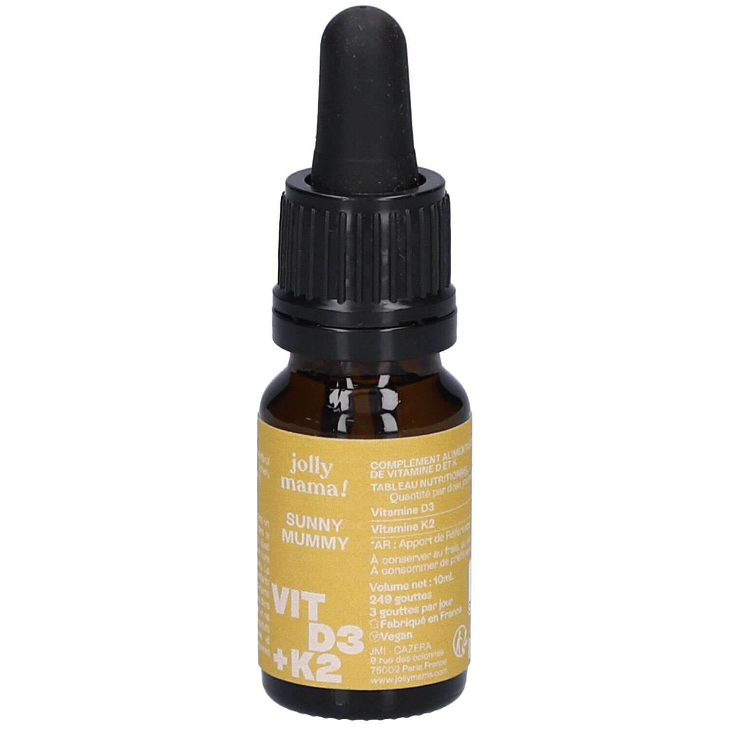 Flacon en verre brun avec compte-gouttes noir. Étiquette avec "jolly mama!" et "SUNNY MUMMY VIT D3 + K2".
