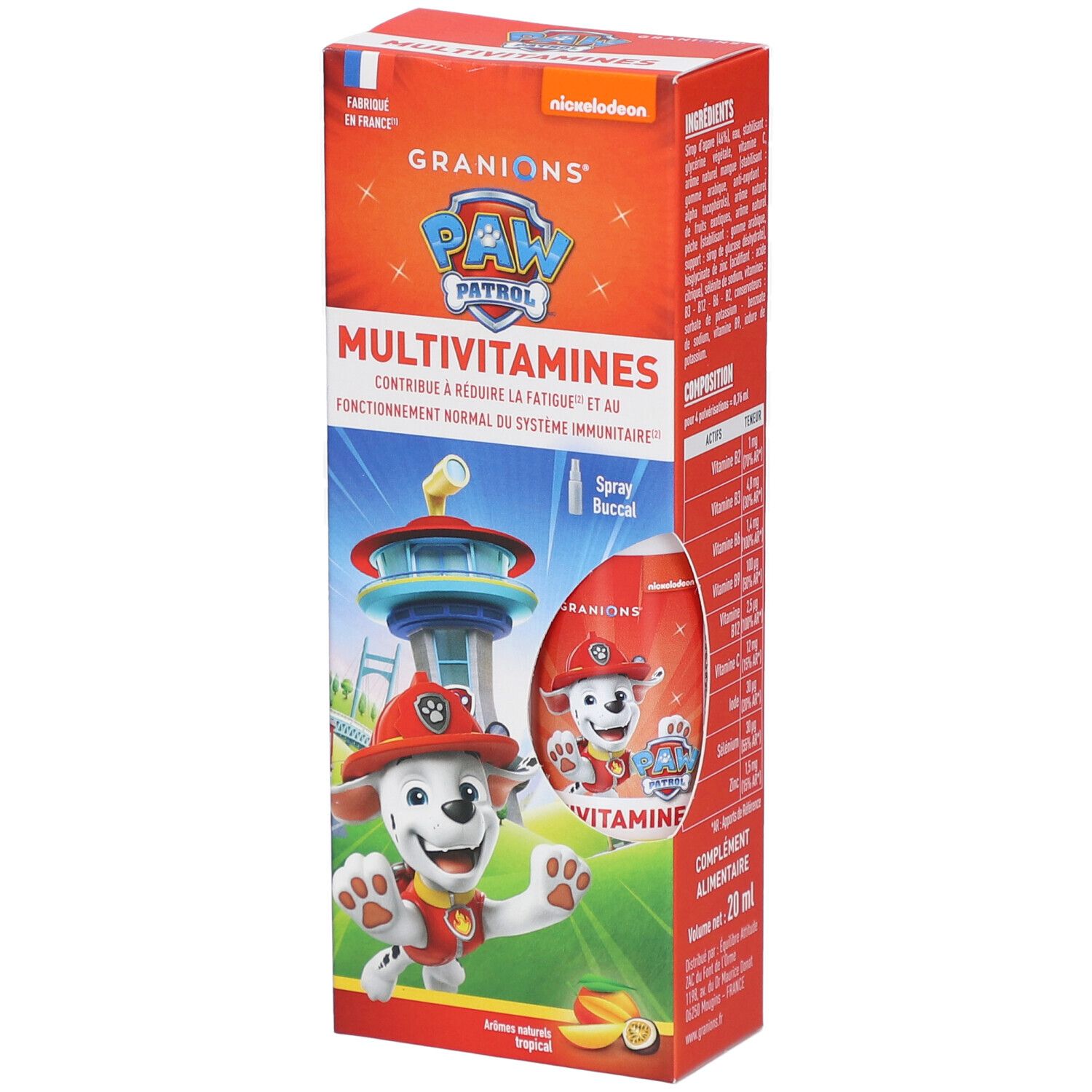 Orangefarbene Schachtel mit GRANIONS PAW PATROL Multivitamines. Abbildung von Marshall. Enthält eine Flasche Spray Buccal.