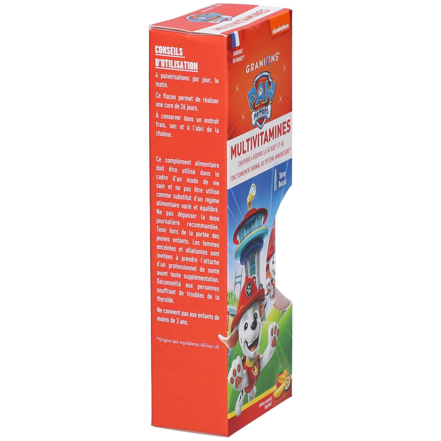 Rückseite der orangefarbenen Schachtel GRANIONS PAW PATROL Multivitamines. Text über Anwendung und Inhaltsstoffe.